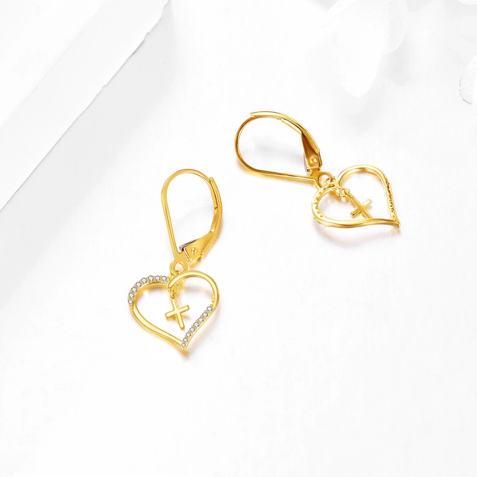 14K Yellow Gold Circular Cubic Zirconia Cross & Heart Lever-back Earrings