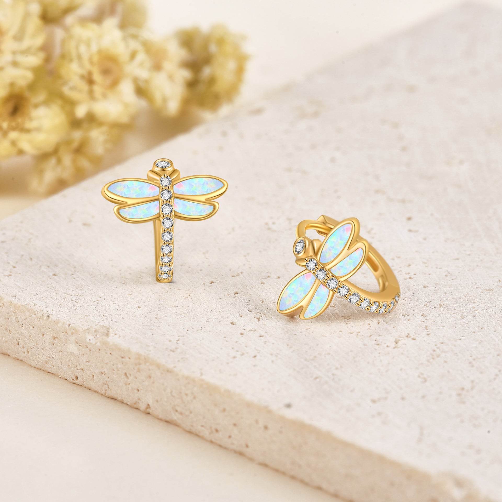 14K Yellow Gold Circular Cubic Zirconia Dragonfly Hoop Earrings