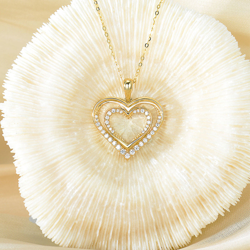 14K Yellow Gold Circular Cubic Zirconia Heart Pendant Necklace