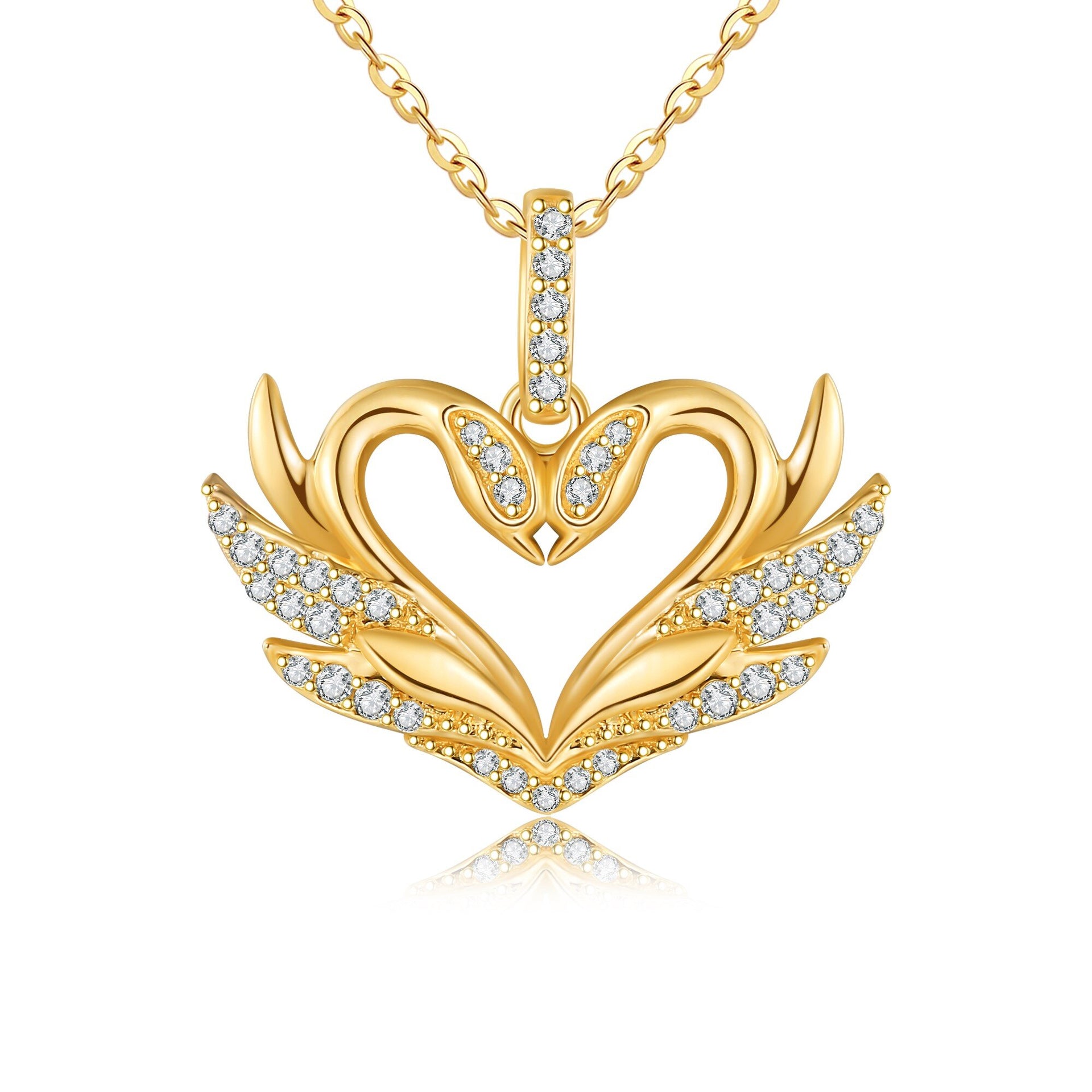 14K Yellow Gold Circular Moissanite Swan & Heart Pendant Necklace