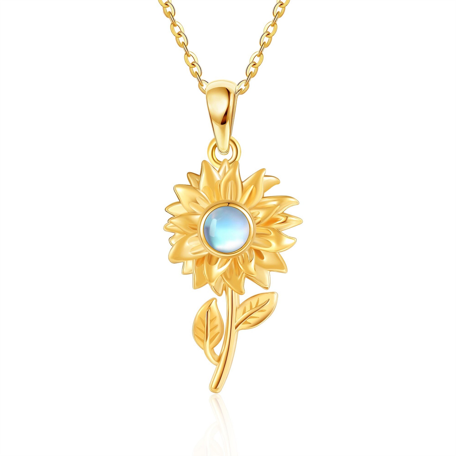 14K Yellow Gold Circular Moonstone Sunflower Pendant Necklace