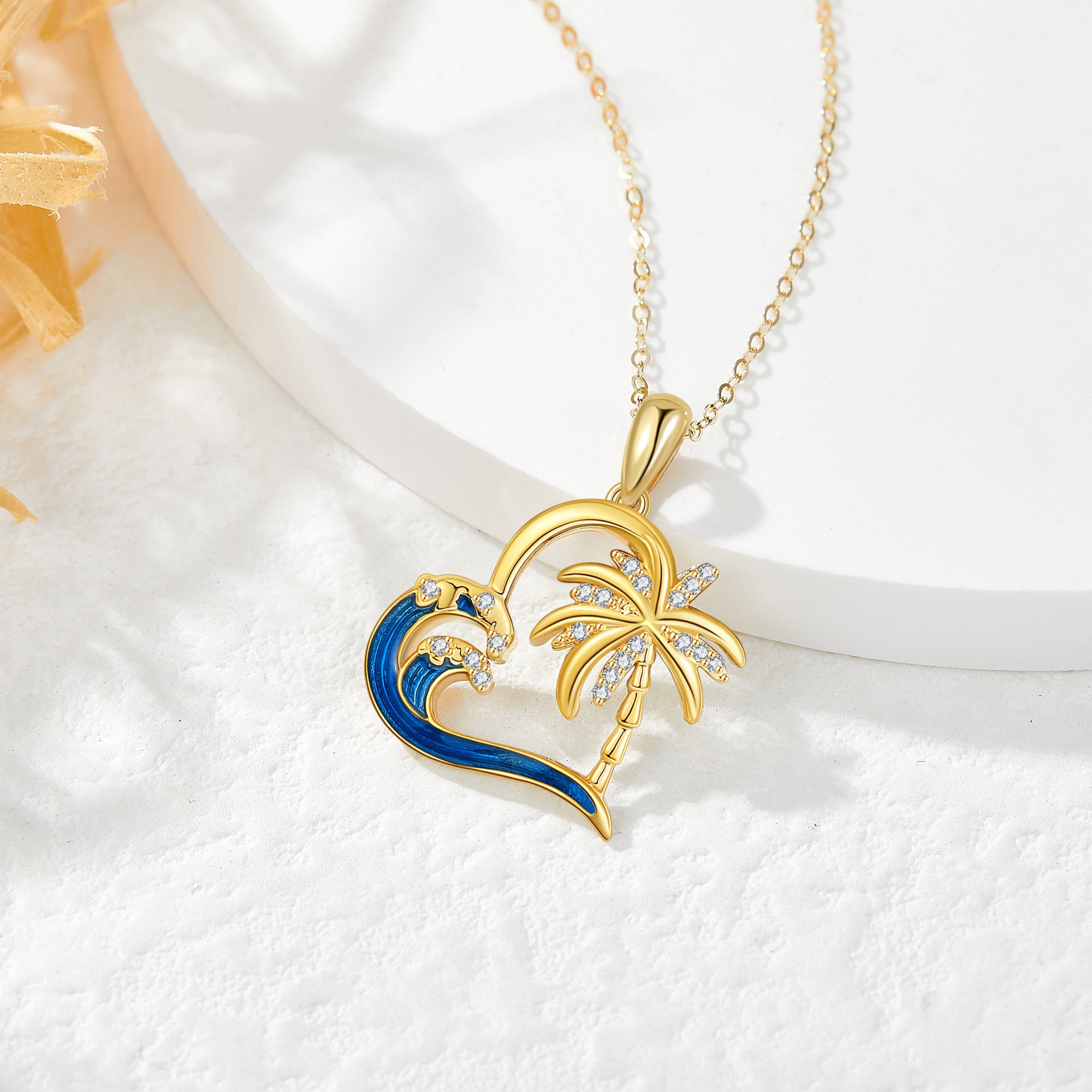 14K Yellow Gold Circular Cubic Zirconia Palm Tree With Spray Heart Pendant Necklace For Women