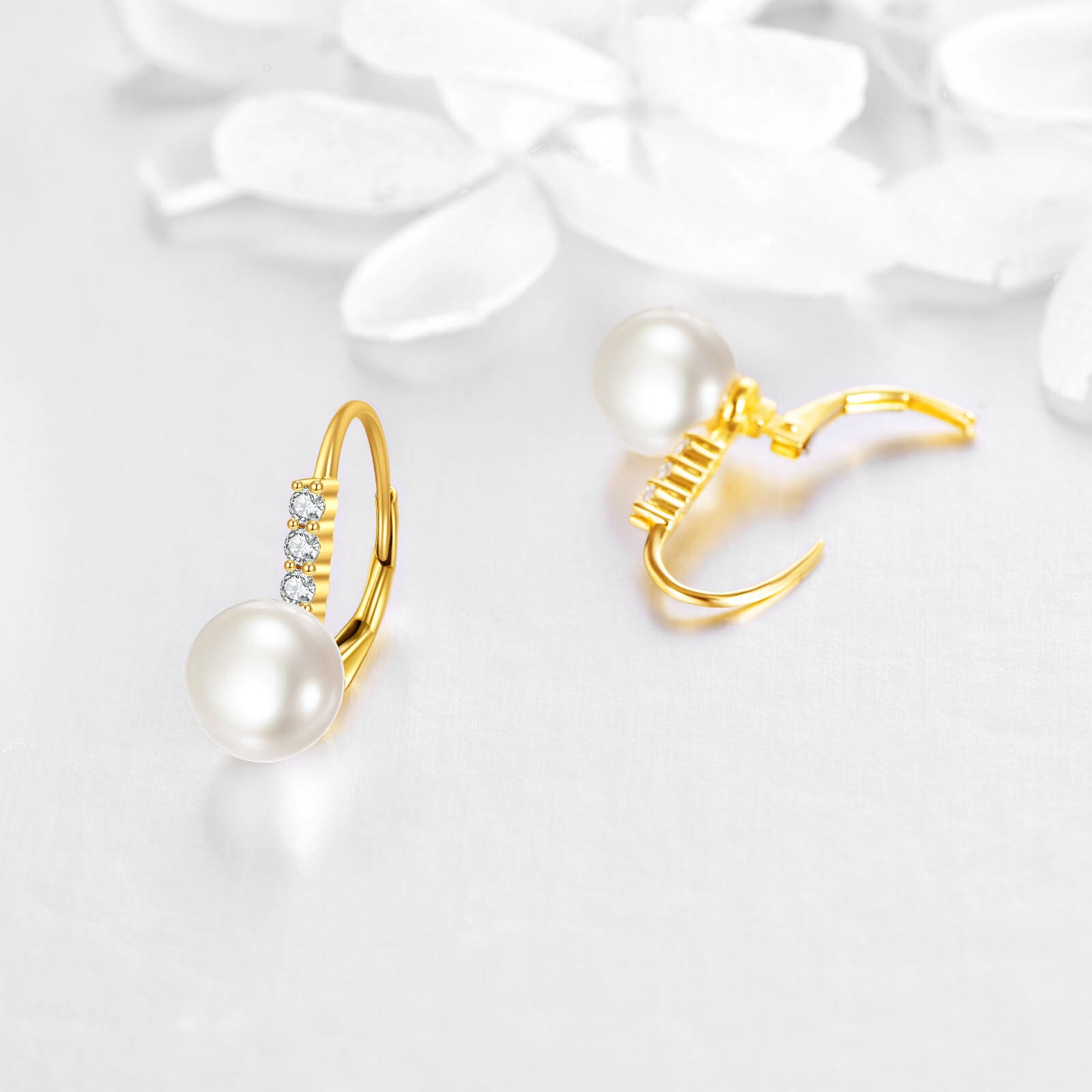 14K Yellow Gold Circular Pearl Bead Lever-back Earrings