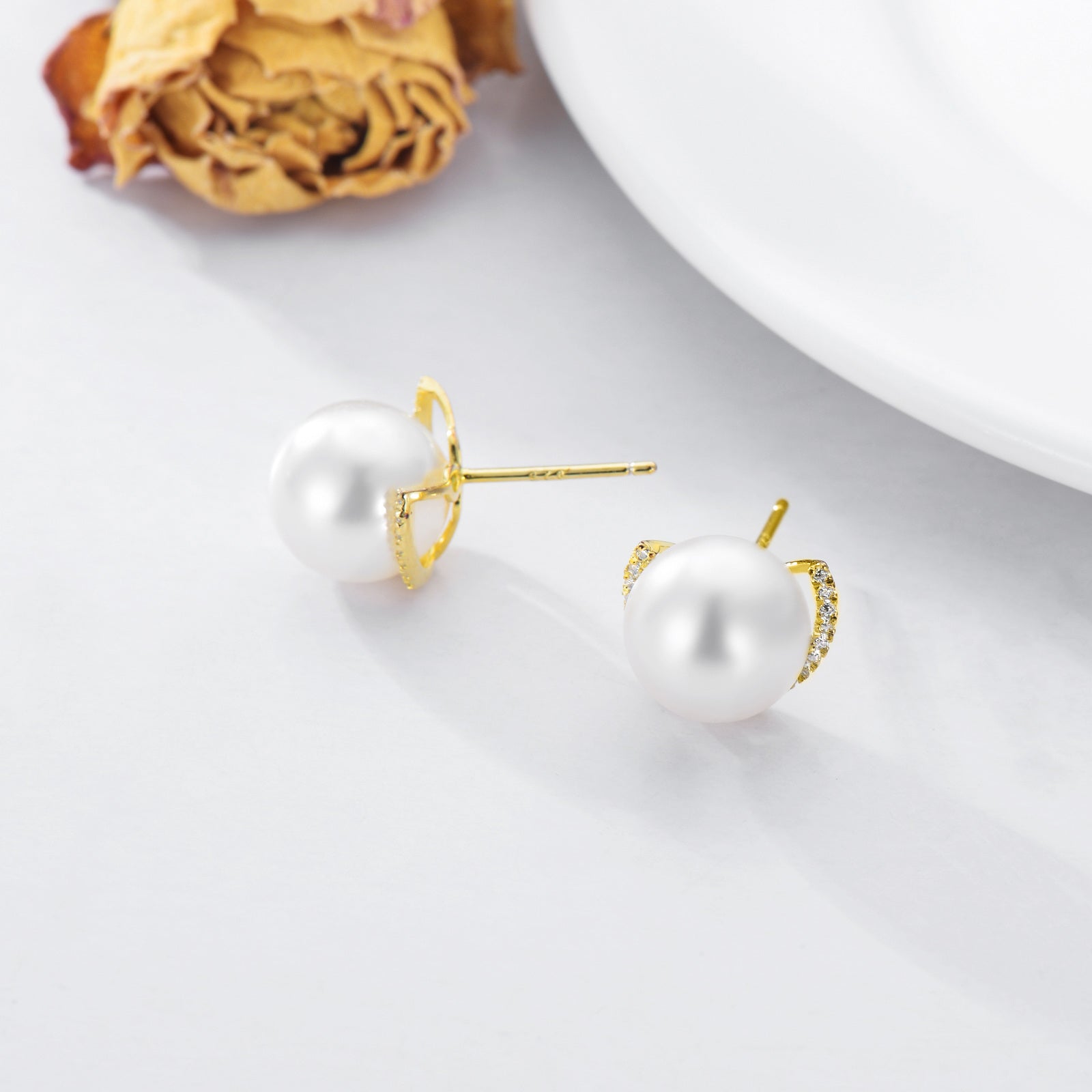 14K Yellow Gold Circular Pearl Bead Stud Earrings