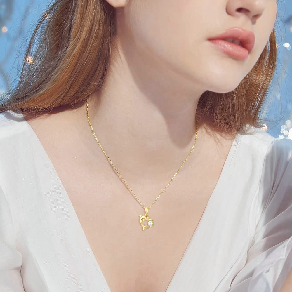 14K Yellow Gold Circular Pearl stone Dolphin & Heart Pendant Necklace