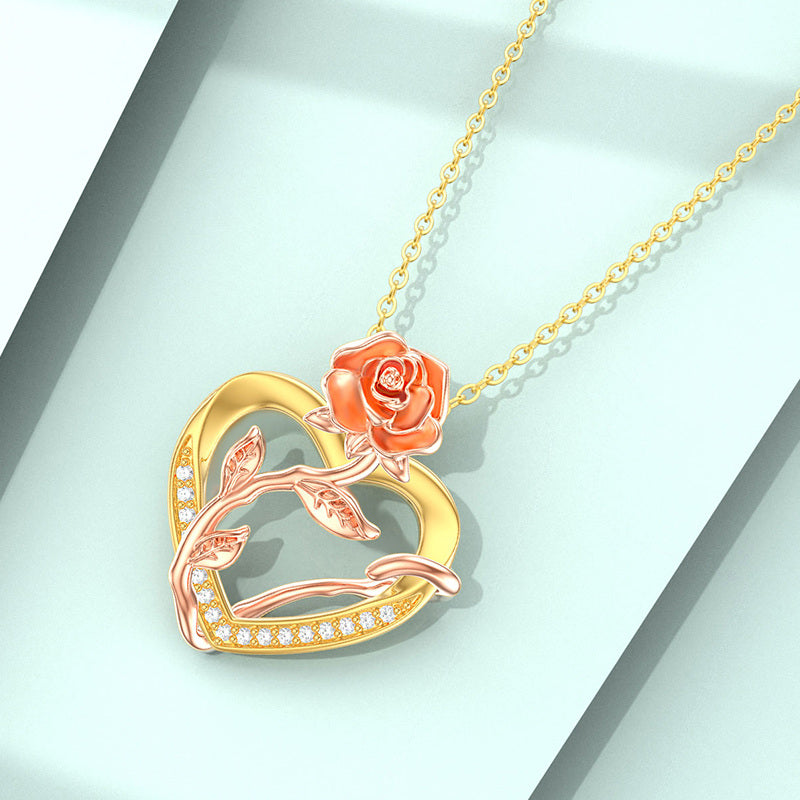 14K Yellow Gold Circular Cubic Zirconia Rose & Heart Pendant Necklace