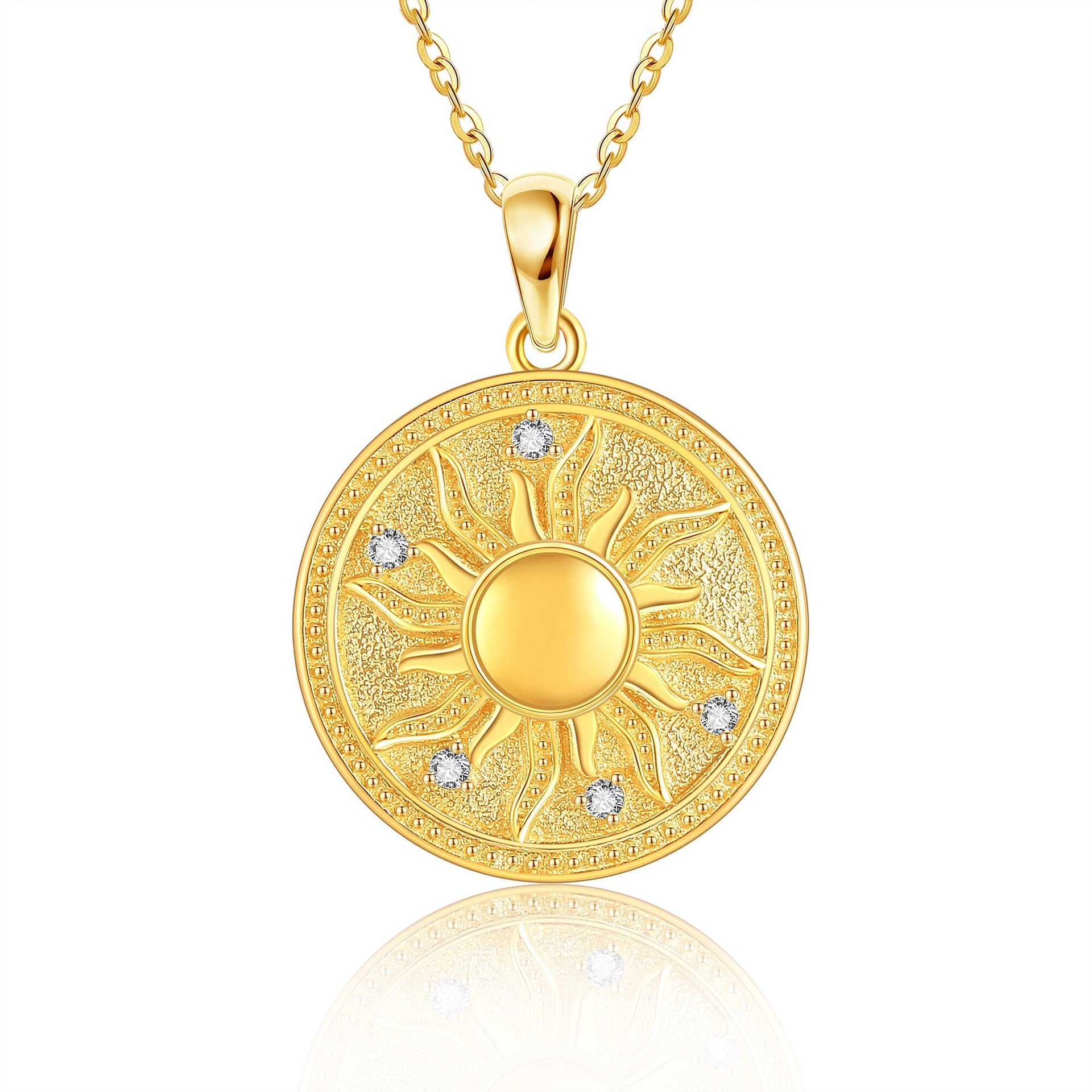 14K Yellow Gold Circular Cubic Zirconia Sun Coin Pendant Necklace