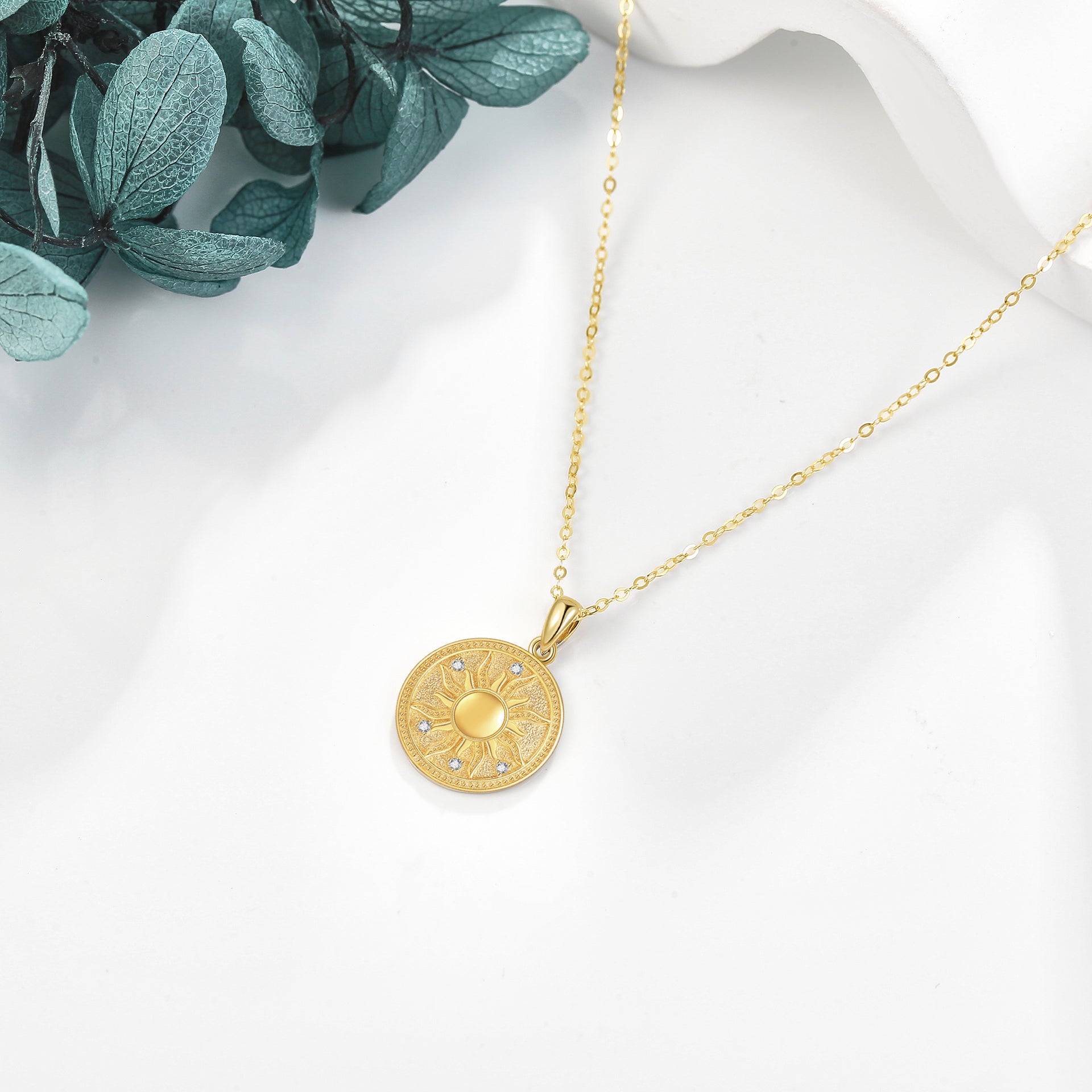 14K Yellow Gold Circular Cubic Zirconia Sun Coin Pendant Necklace