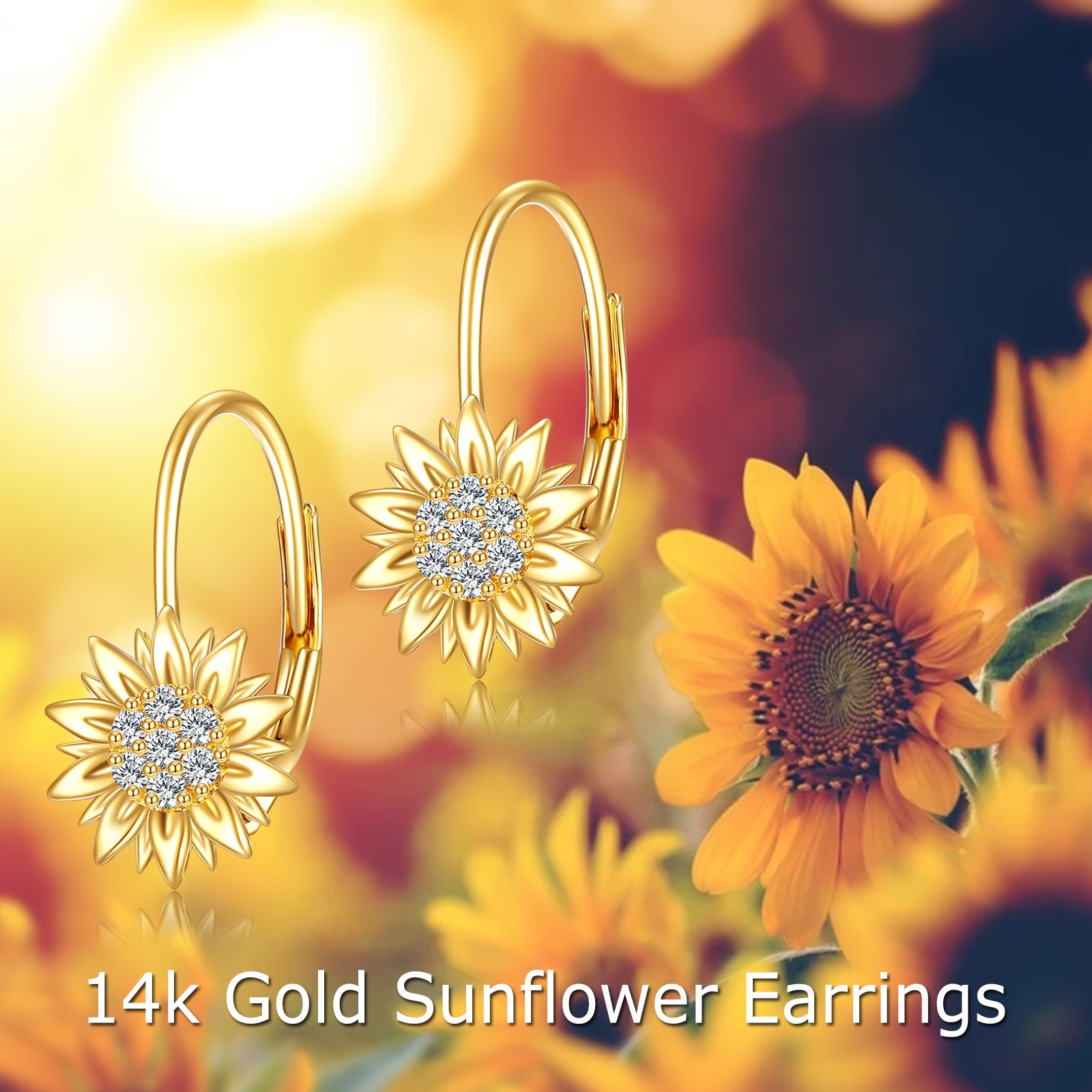 14K Yellow Gold Circular Cubic Zirconia Sunflower Lever-back Earrings