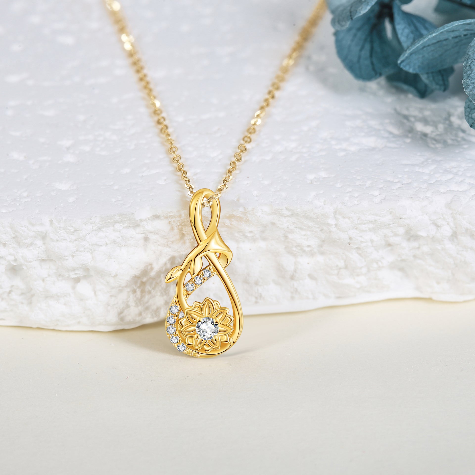 14K Yellow Gold Circular Cubic Zirconia Sunflower Pendant Necklace