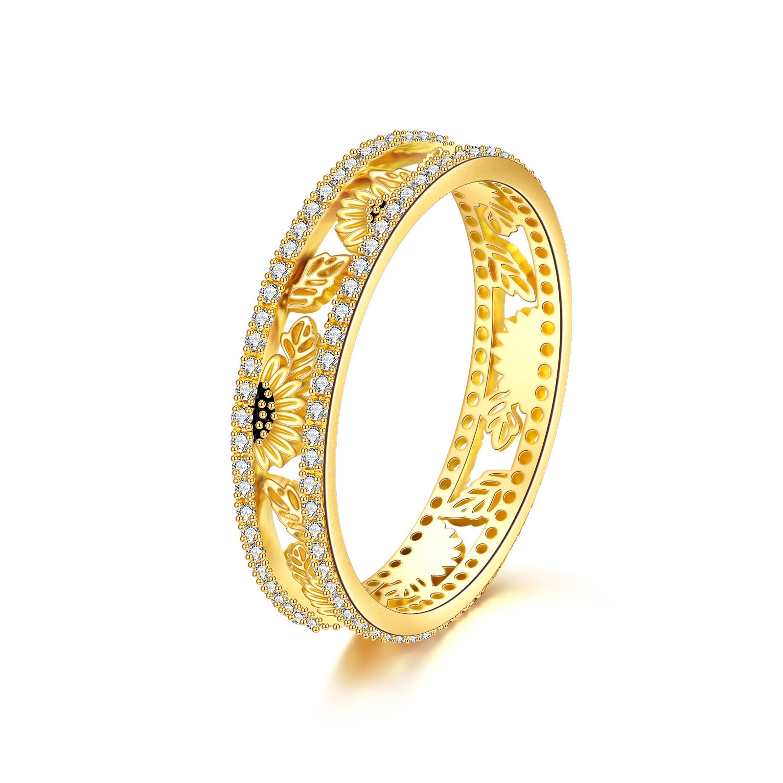 14K Yellow Gold Round Cubic Zirconia Sunflower Ring