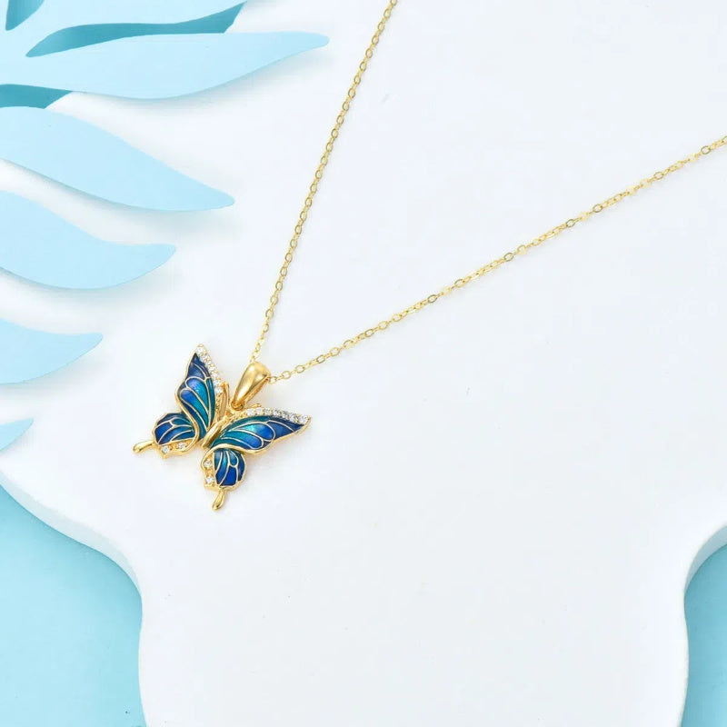 14K Yellow Gold CircularCubic Zirconia Butterfly Pendant Necklace