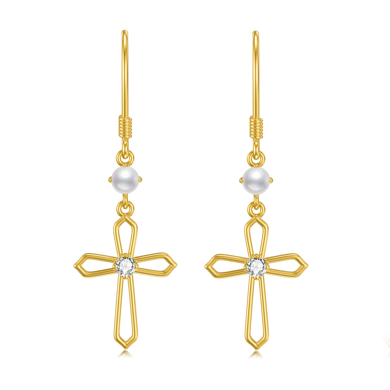 14K Yellow Gold Cross Dangle Earrings With Pearls