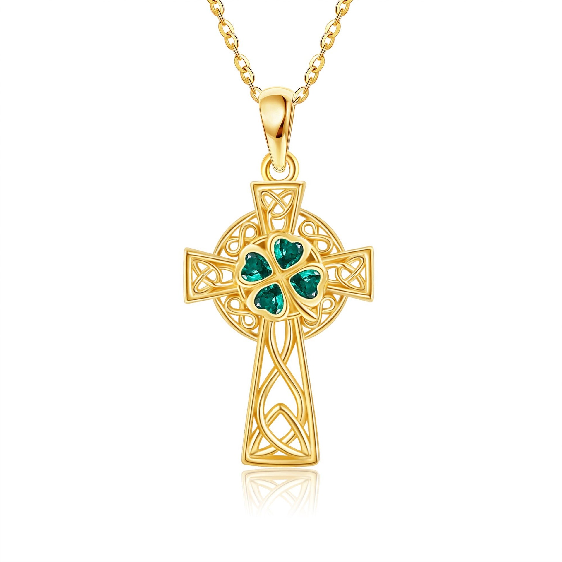 14K Yellow Gold Emerald Heart Cubic Zirconia Celtic Knot & Cross Pendant Necklace