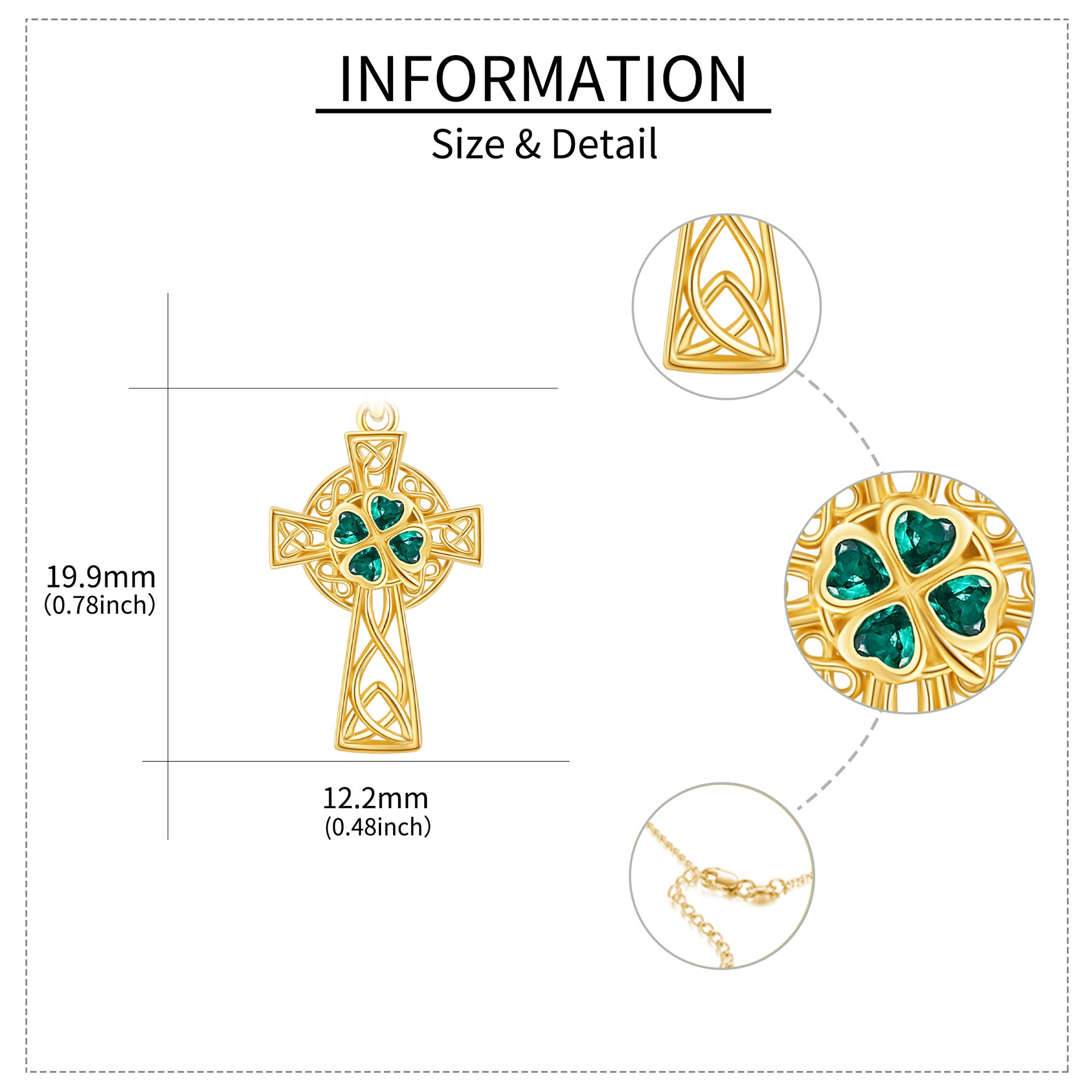 14K Yellow Gold Emerald Heart Cubic Zirconia Celtic Knot & Cross Pendant Necklace
