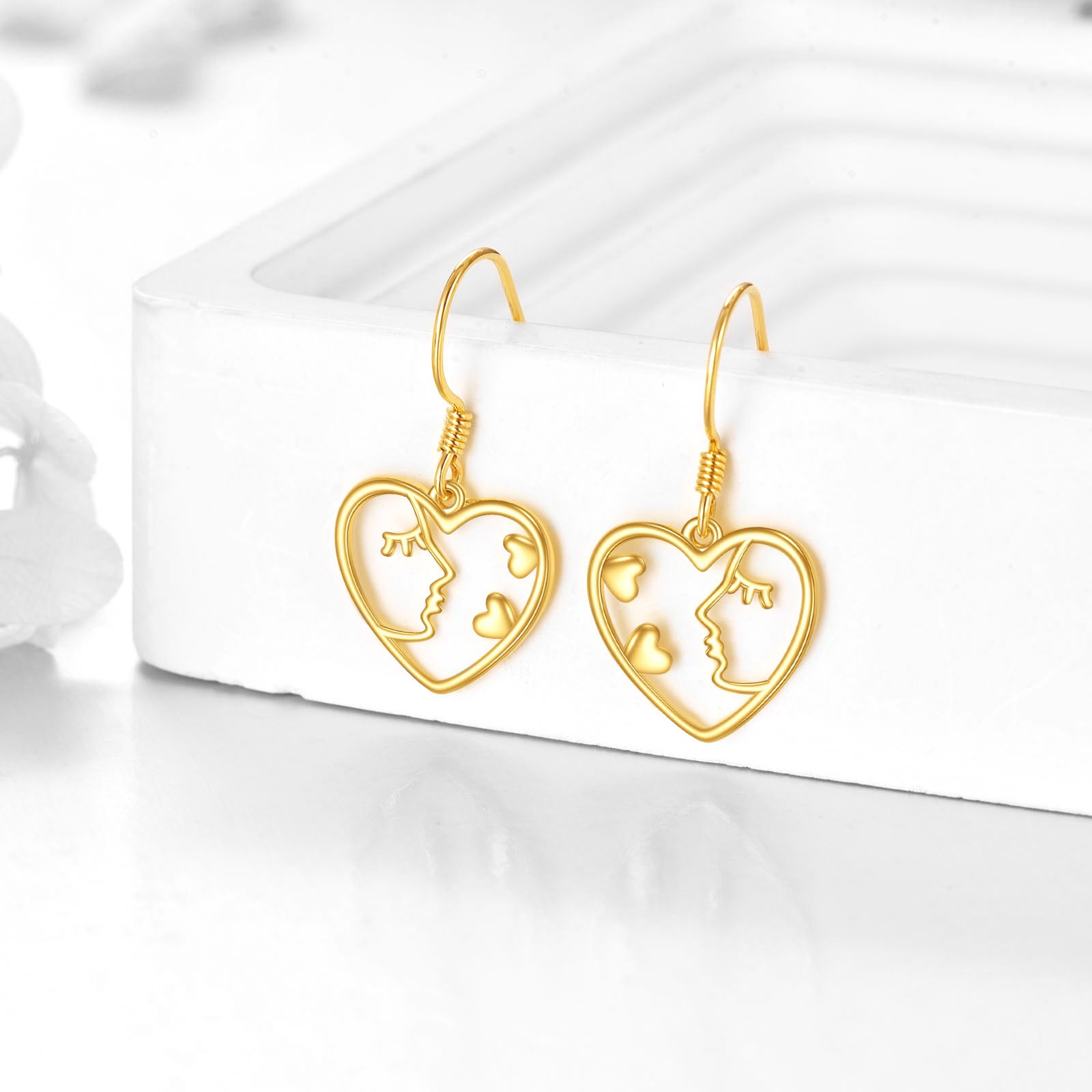 14K Yellow Gold Heart Dangle Lady Face Drop Earrings
