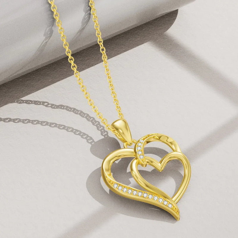 14K Yellow Gold Cubic Zirconia Heart With Heart Pendant Necklace For Women