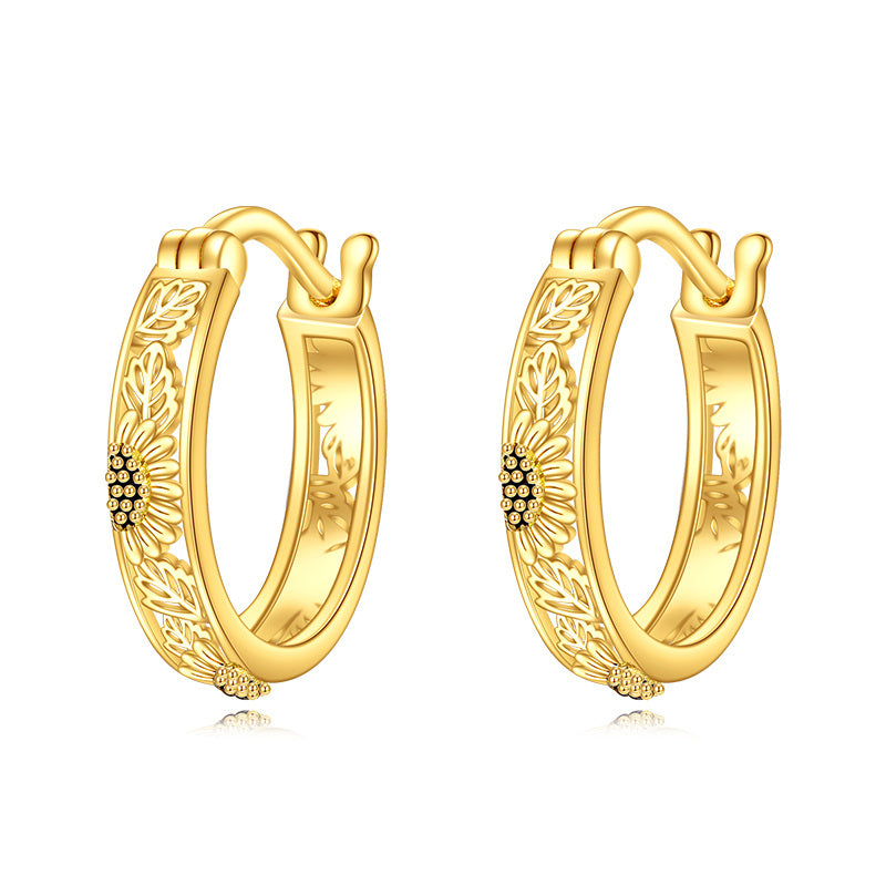 14K Yellow Gold Hollow Sunflower Small Huggie Hoop Earrings