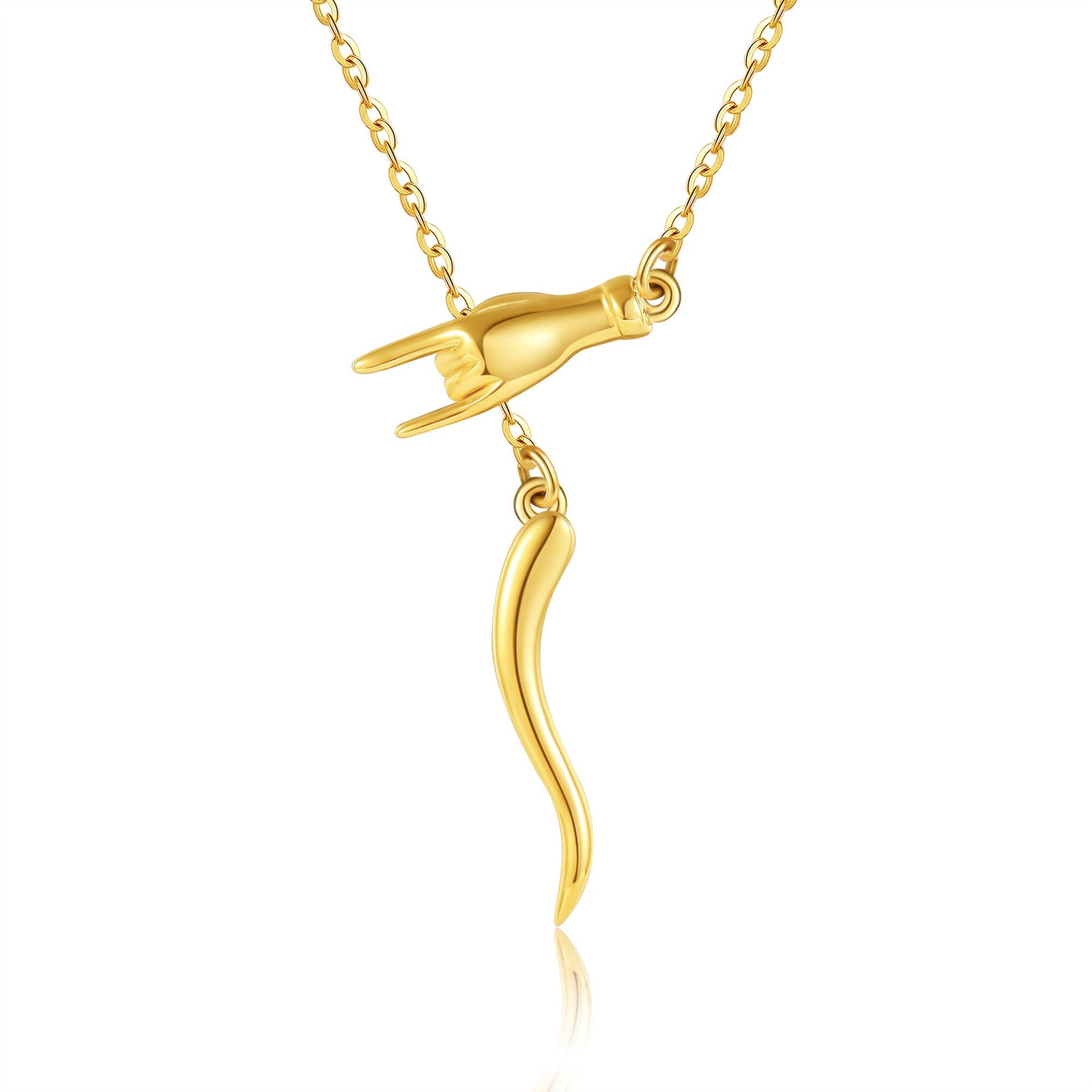 14K Yellow Gold Italian Horn Good Luck Protection Amulet Pendant Necklace