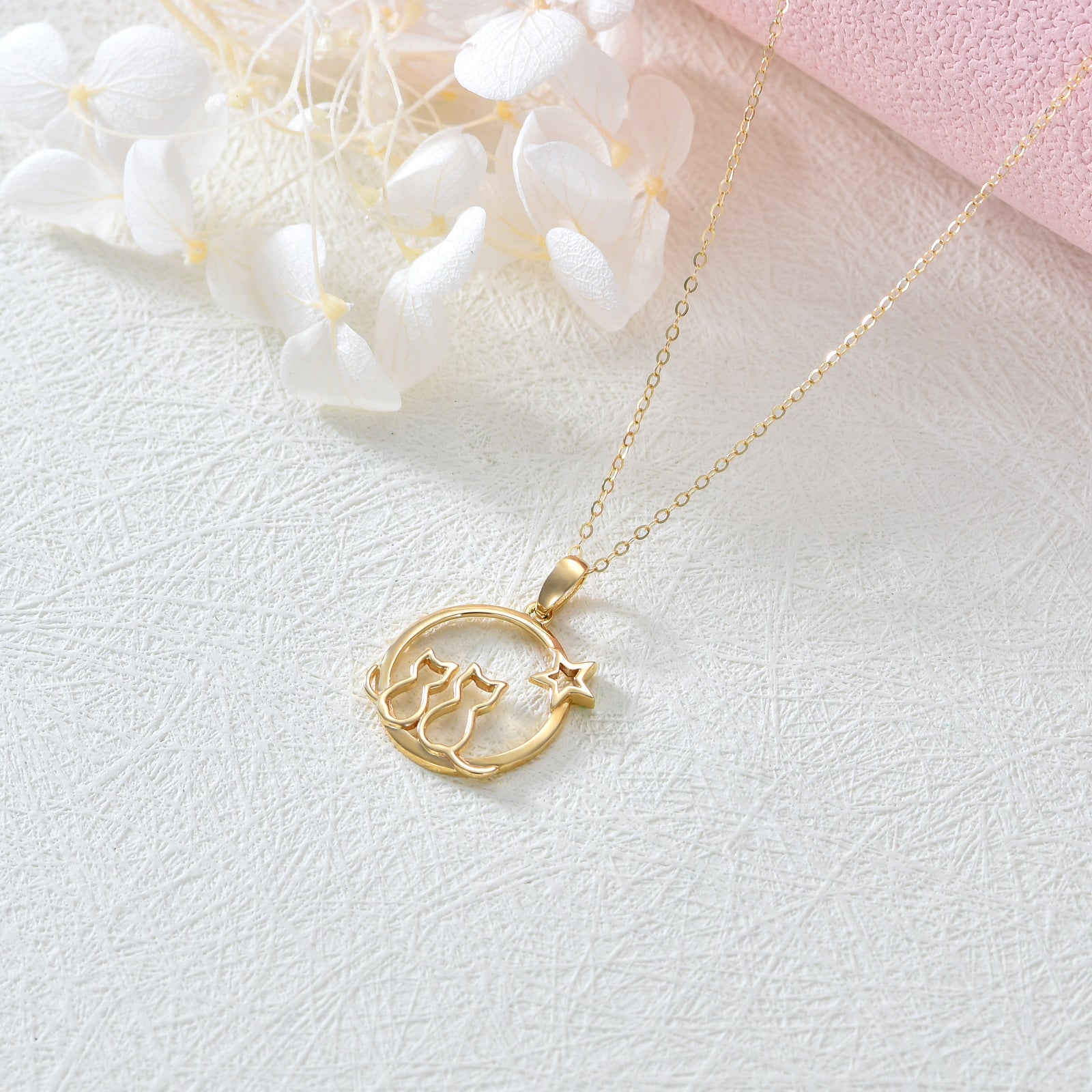 9K Gold Circular Shaped Cubic Zirconia Cat & Star Pendant Necklace