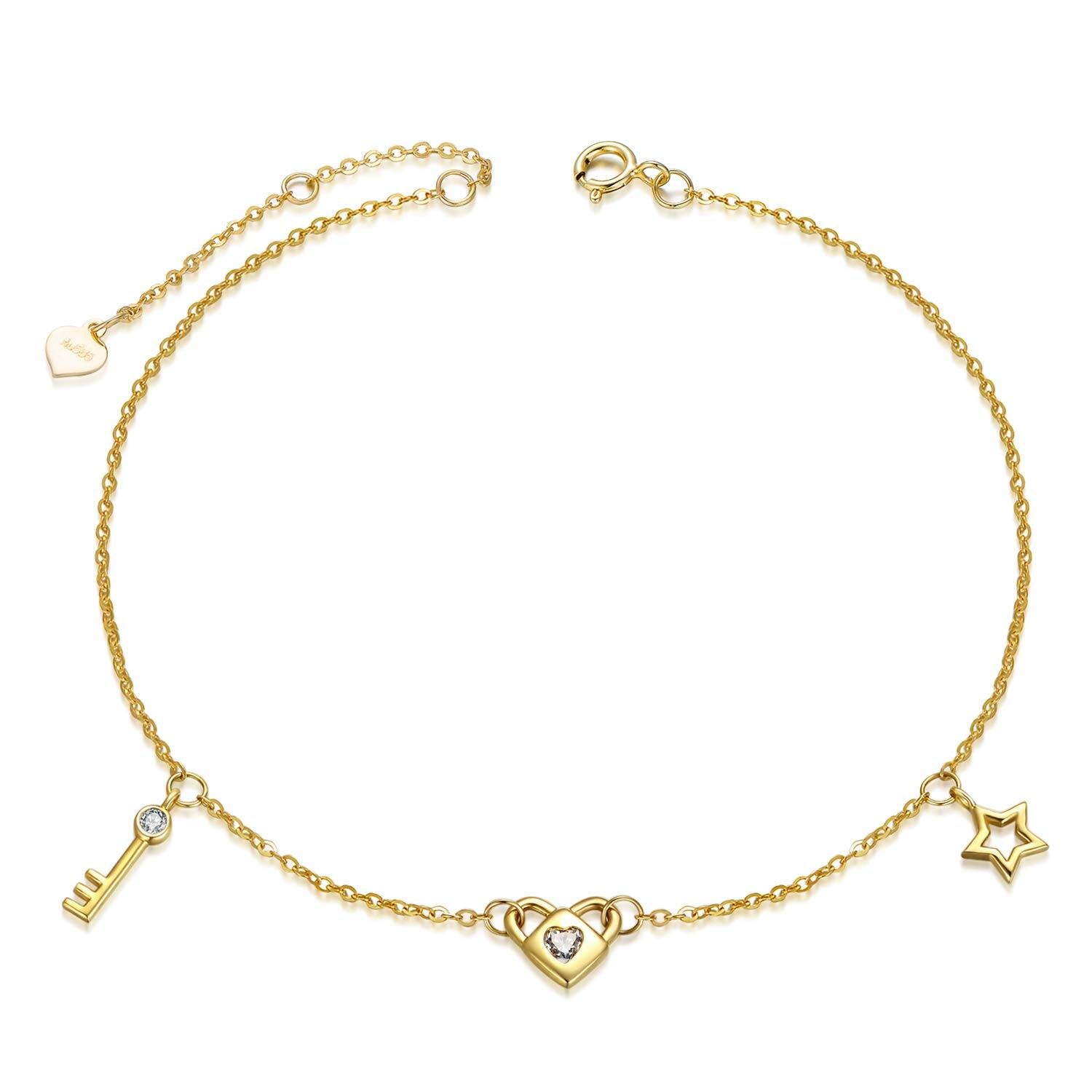 14K Yellow Gold Moissanite Concentric Key Heart Charm Bracelet