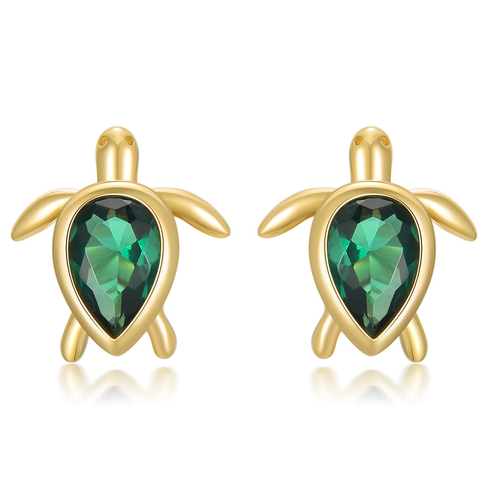 14K Yellow Gold Pear Emerald Cubic Zirconia Sea Turtle Stud Earrings