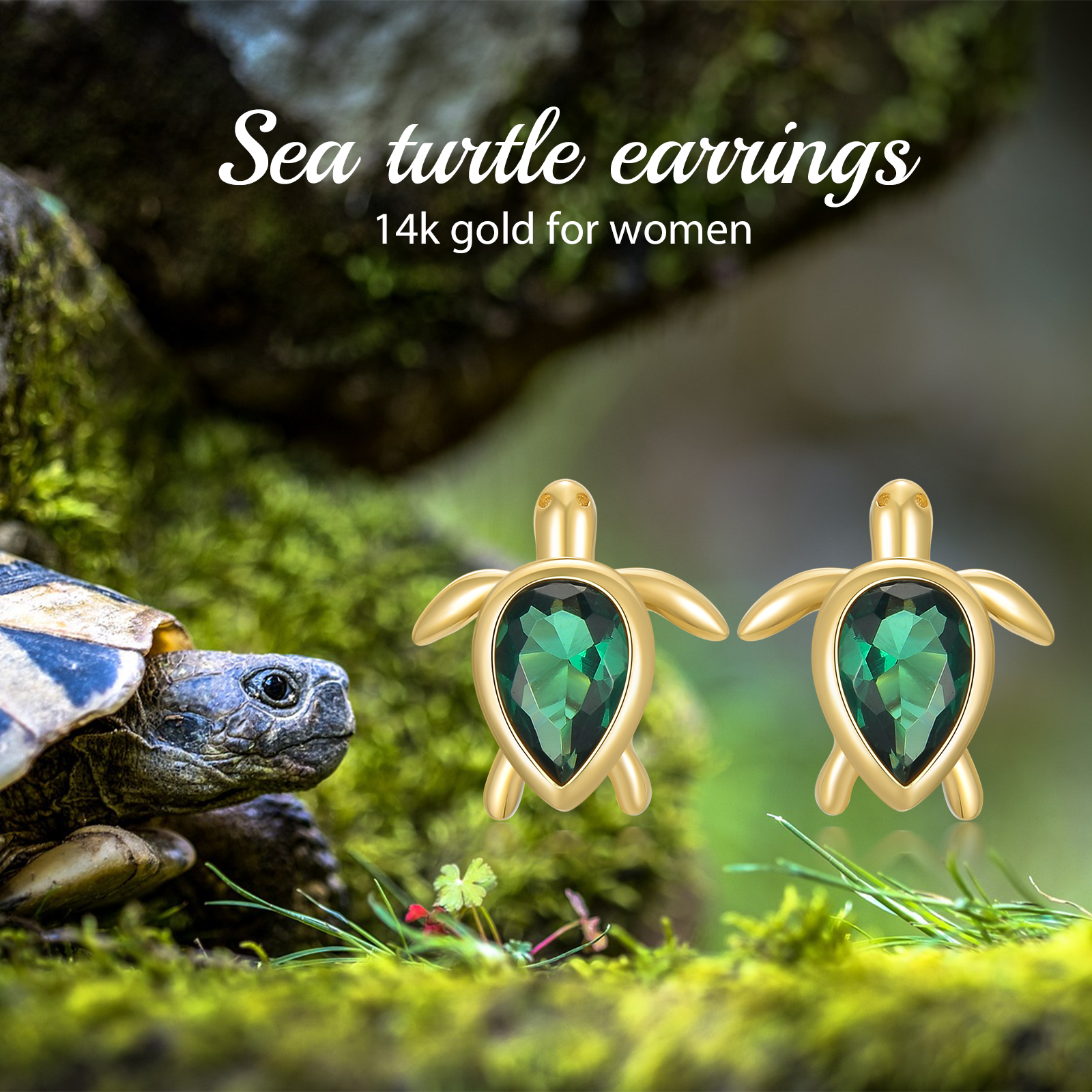 14K Yellow Gold Pear Emerald Cubic Zirconia Sea Turtle Stud Earrings