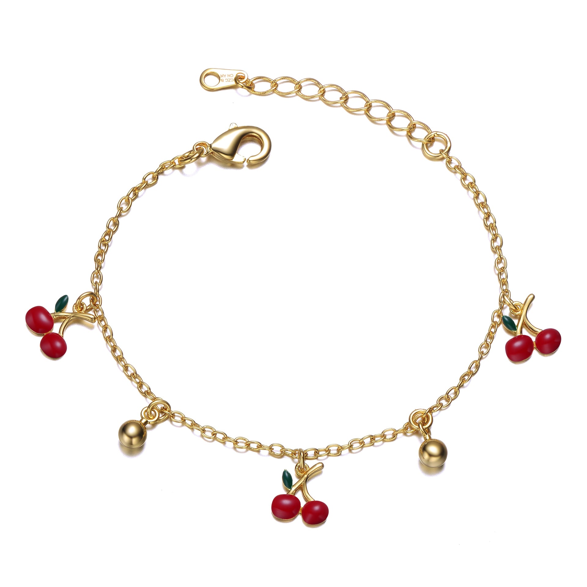 Rachel Glauber Yellow Gold Plated Adjustable Bracelet With Red Enamel Cherry Charms For Kids
