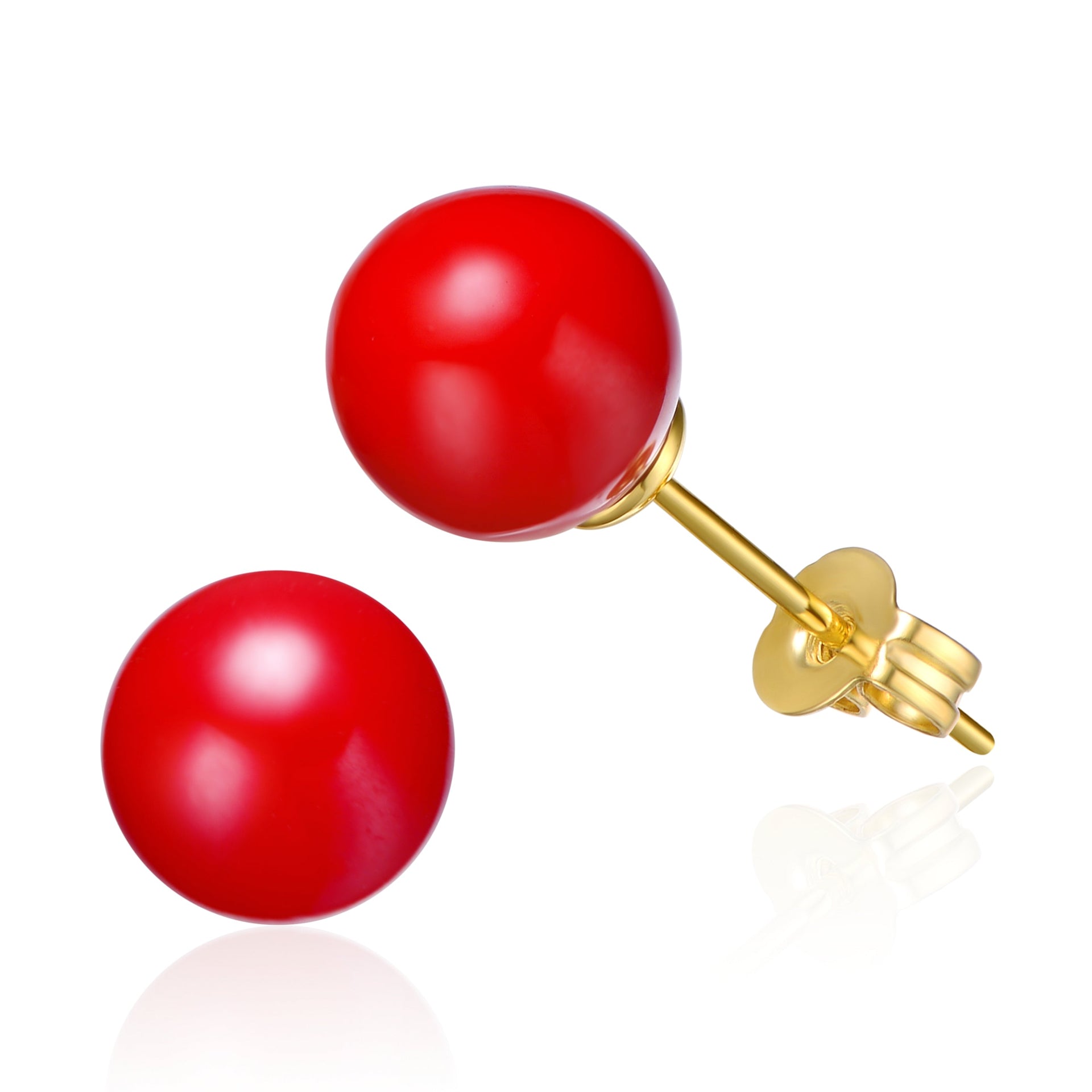 Rachel Glauber Yellow Gold Plated Stud Earrings With Red Enamel Round Pearl For Kids