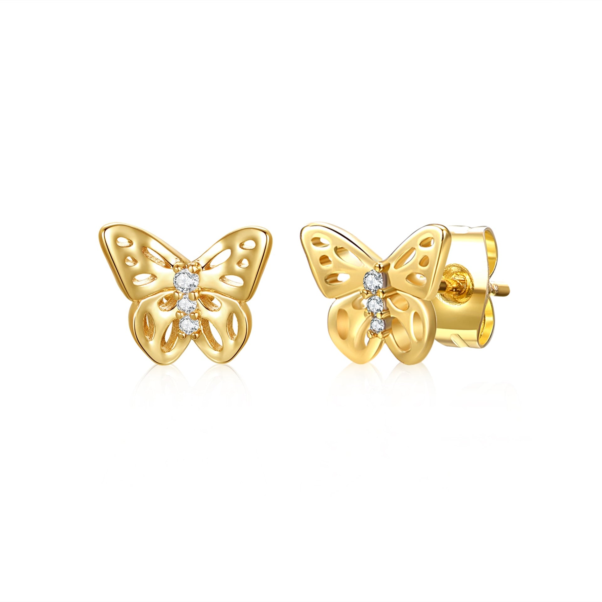 Rachel Glauber Yellow Gold Plated With Cubic Zirconia Three-Stone Filigree Butterfly Stud Earrings