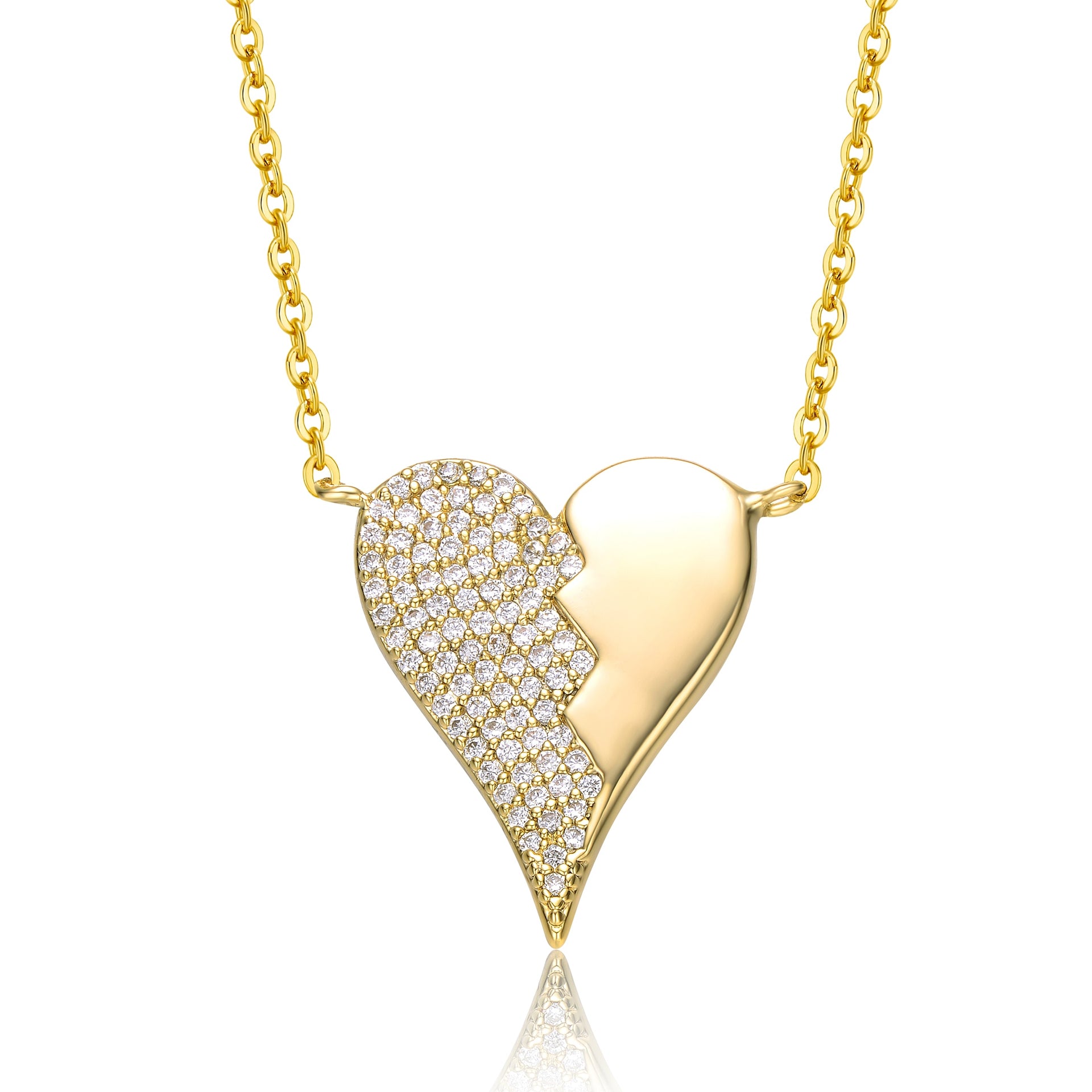 Rachel Glauber Gold Plated Cubic Zirconia Zig Zag Half Half Stolen Heart Pendant Necklace