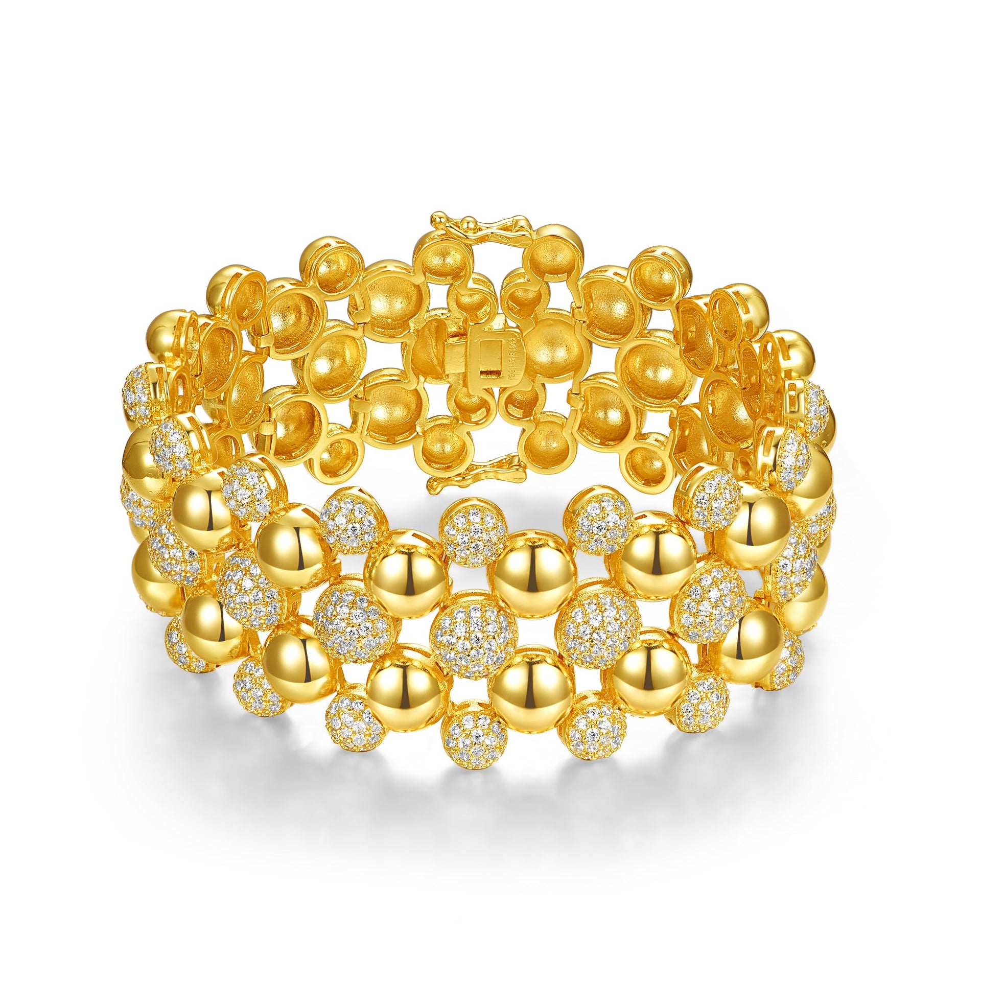 Rachel Glauber Yellow Gold Plated With Cubic Zirconia French Pave Medallion Mesh Link Bracelet