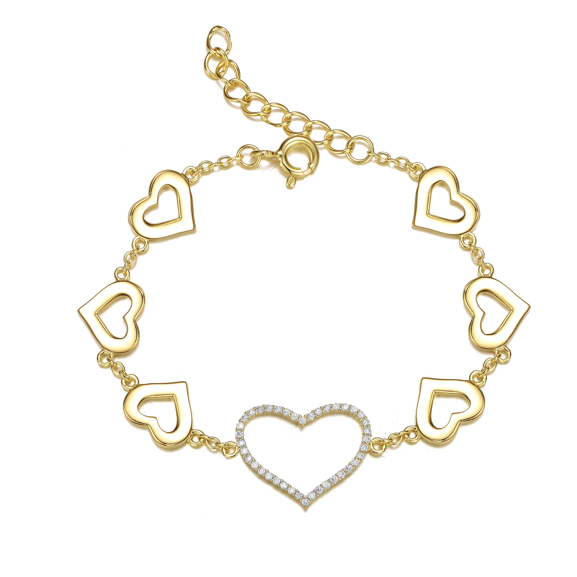 Gold Plated With Diamond Cubic Zirconia Heart Halo Charm Kids-Teens Bracelet In Sterling Silver