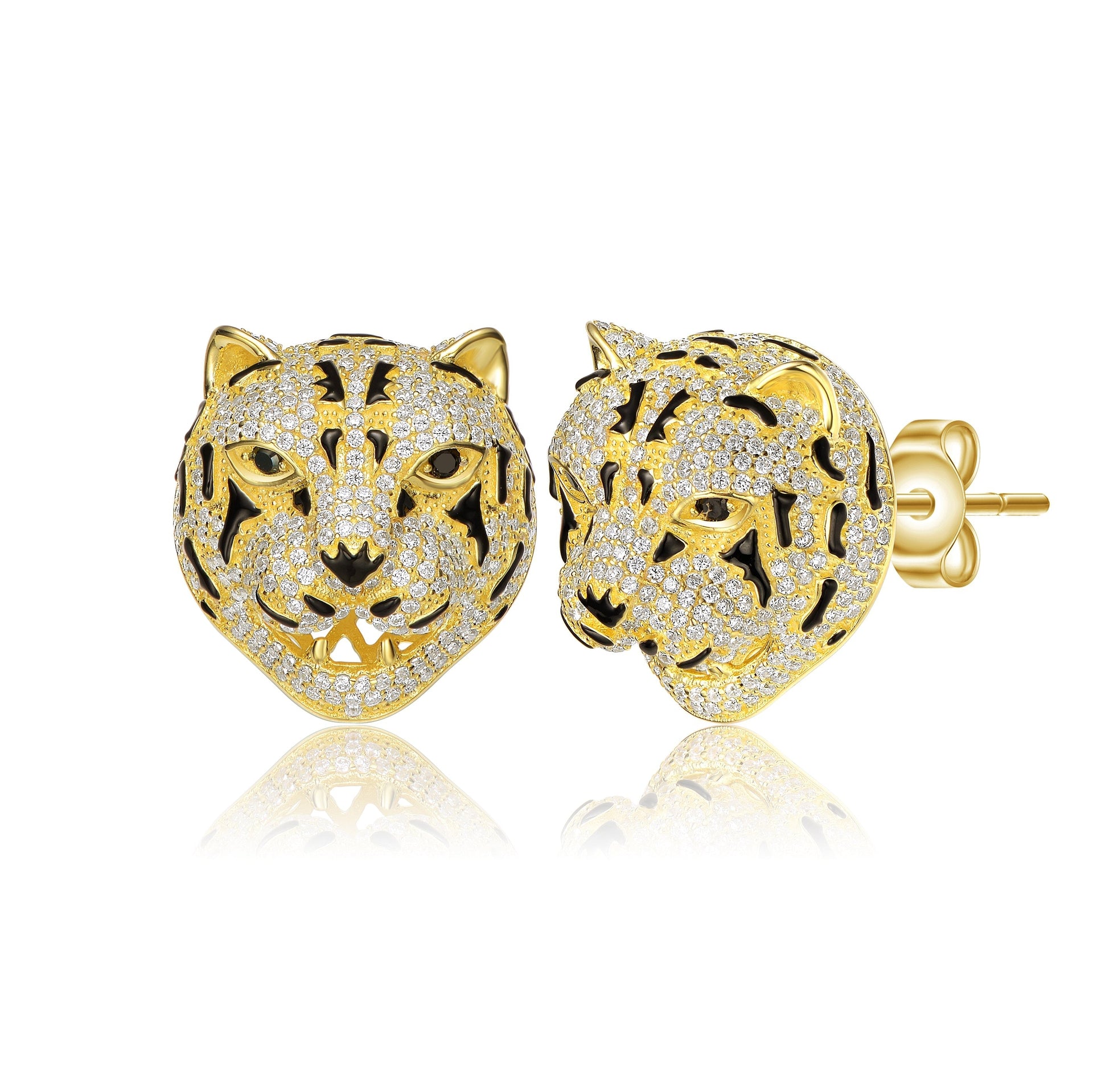 Sterling Silver Yellow Gold Plated With Cubic Zirconia Leopard Head Stud Earrings
