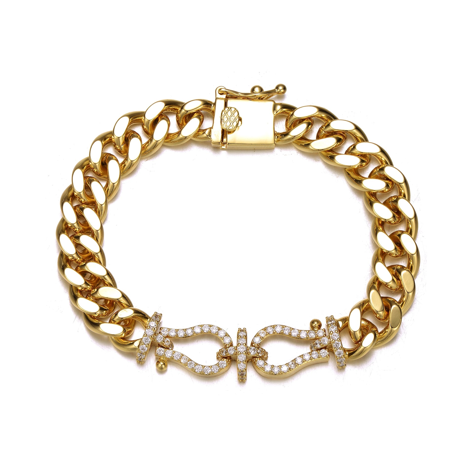 Rachel Glauber Yellow Gold Plated With Cubic Zirconia Love Knot Miami Cuban-Curb Chain Bracelet
