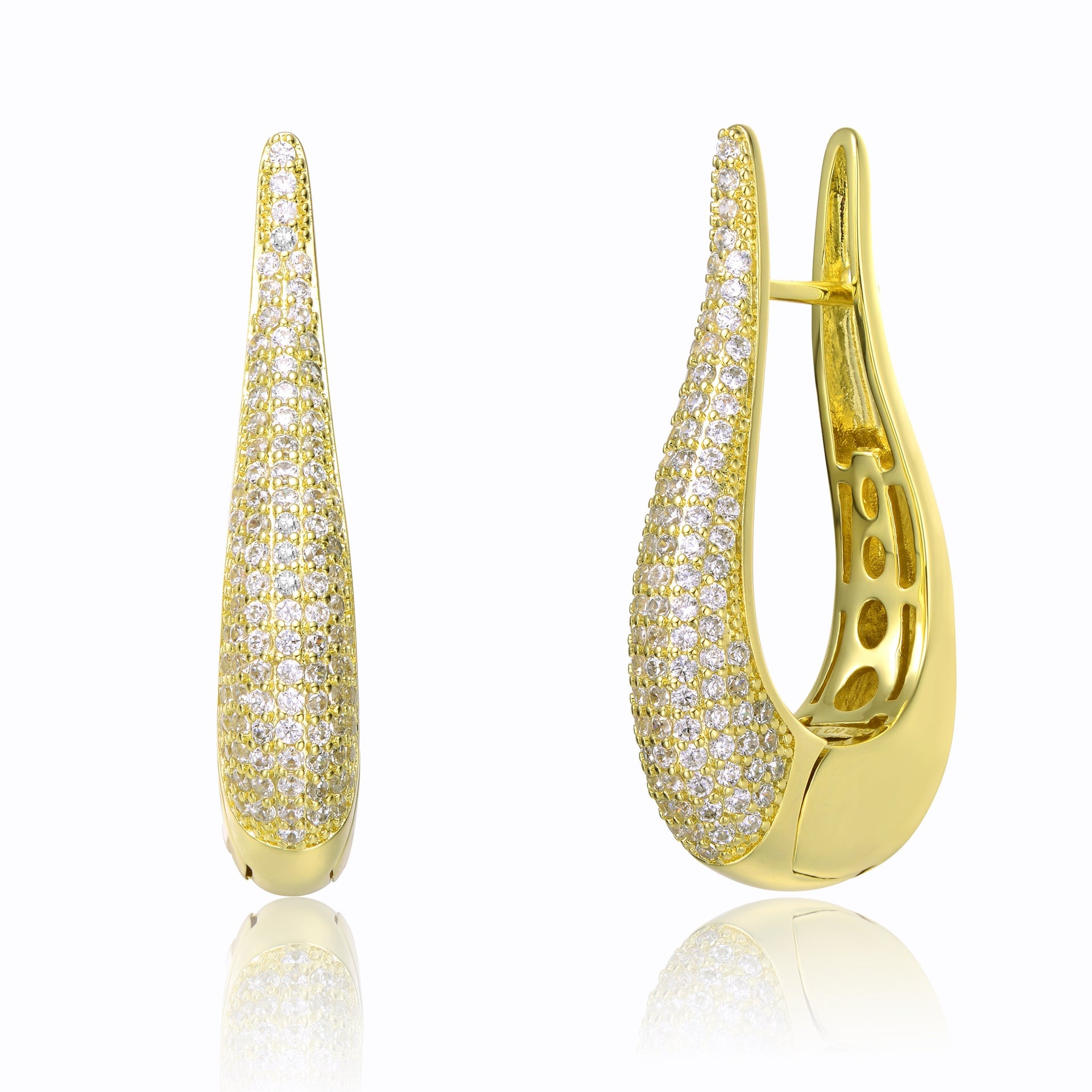 Yellow Gold Plated With Clear Cubic Zirconia Oblong Oval Raindrop Hoop Earrings
