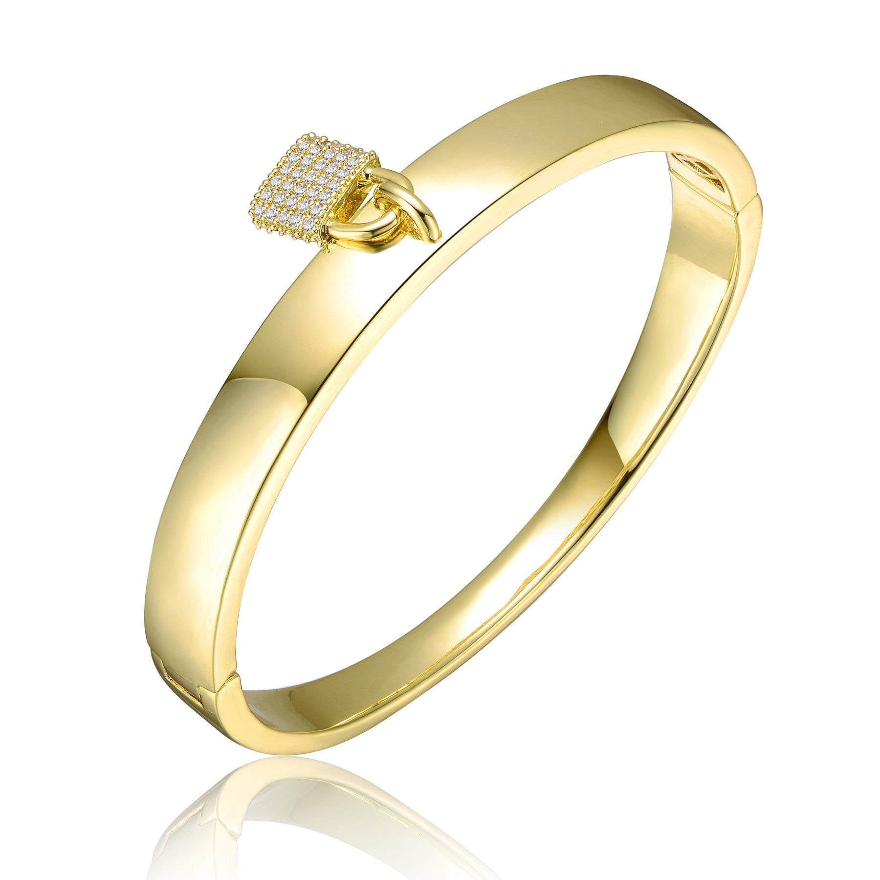 Yellow Gold Plated With Clear Cubic Zirconia Padlock Charm Stacking Bangle Bracelet