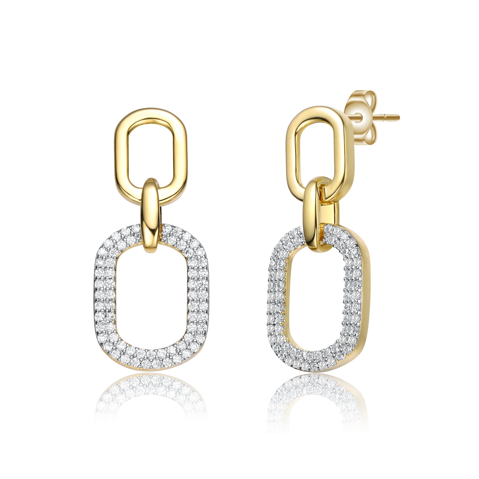 Rachel Glauber Yellow Gold Plated With Cubic Zirconia Pave Geometric Oval Chain Dangle Earrings