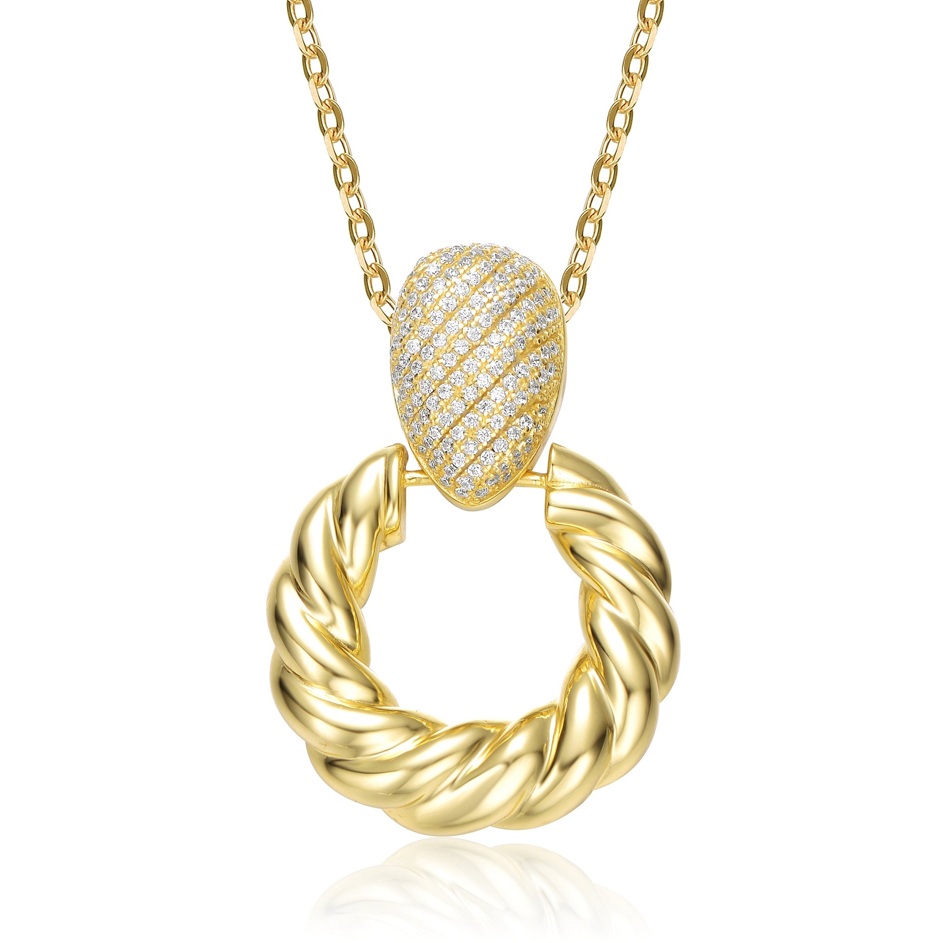 Rachel Glauber Yellow Gold Plated Cubic Zirconia Pave Twisted Rope Drop Hoop Door Knocker Pendant Necklace