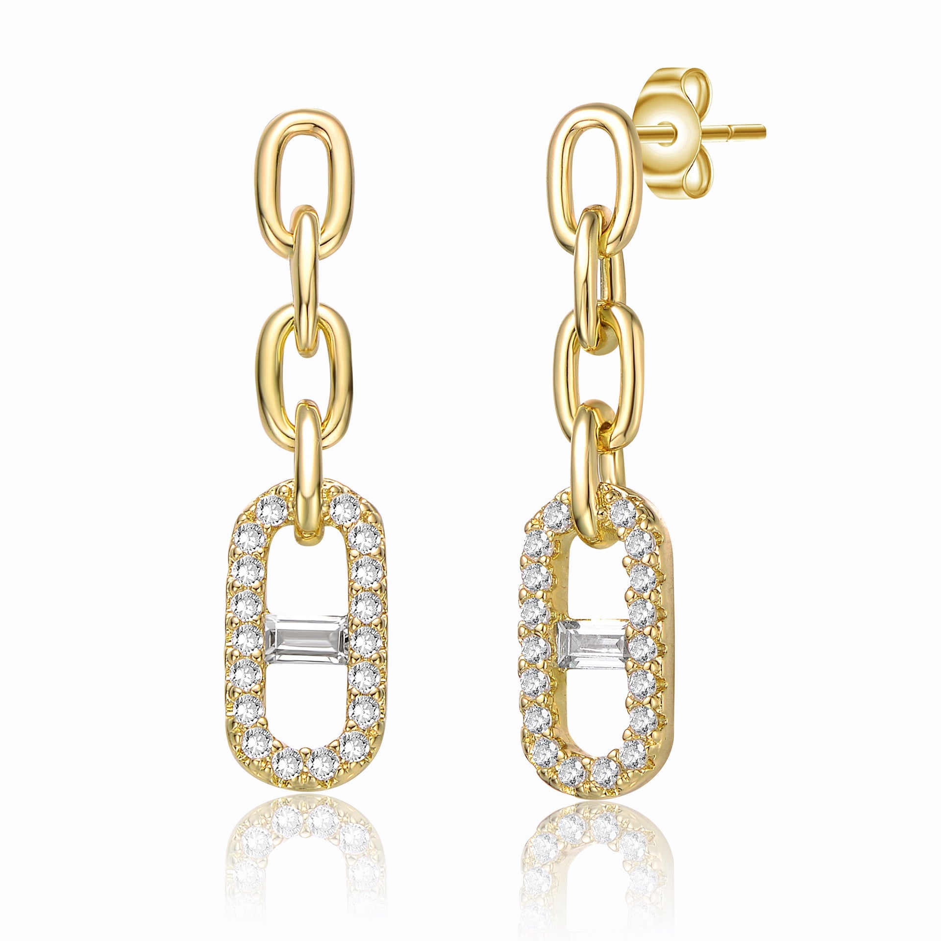 Rachel Glauber Yellow Gold Plated Cubic Zirconia Triple Chain Mariner Anchor Link Drop Earrings