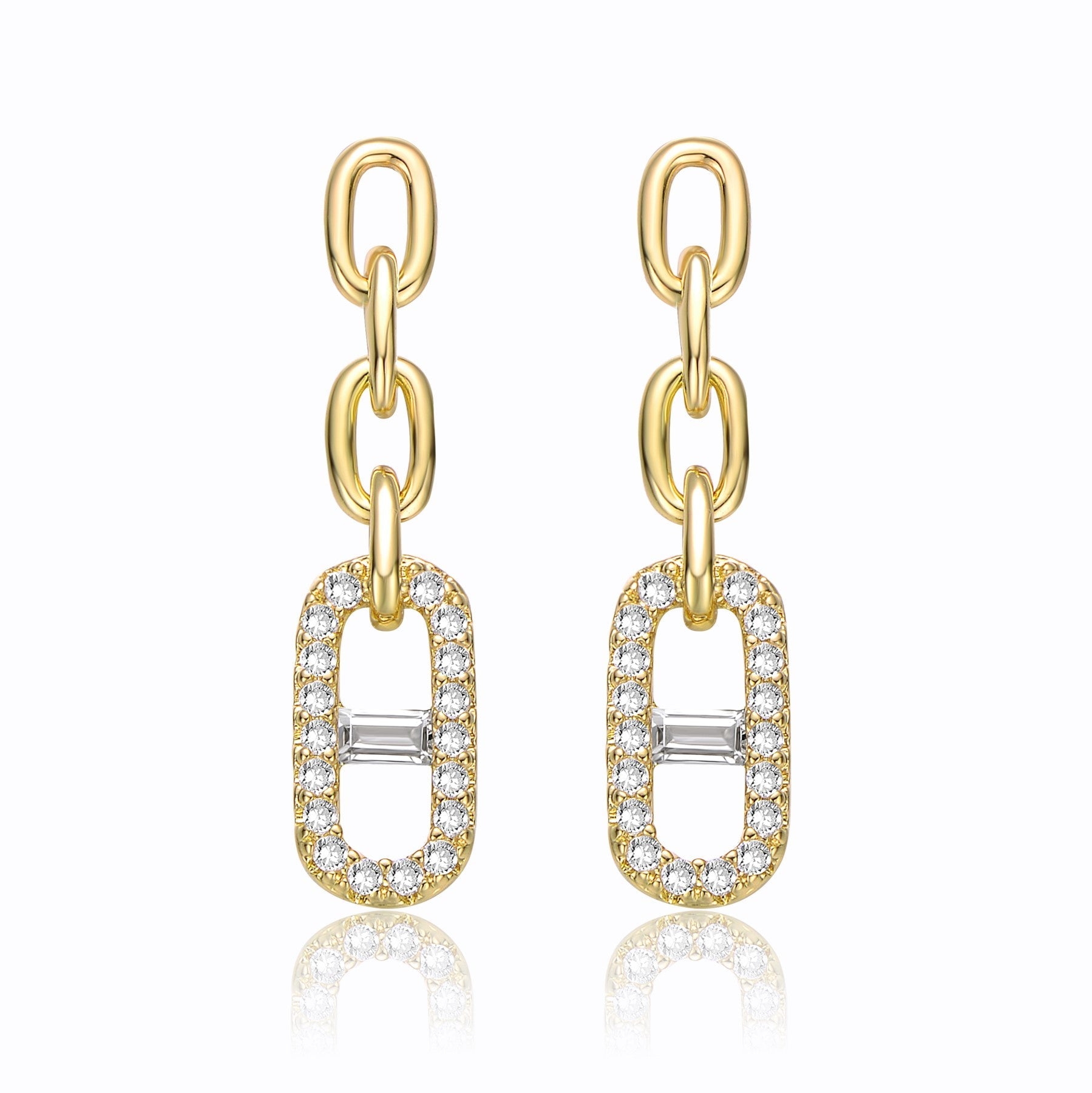 Rachel Glauber Yellow Gold Plated With Cubic Zirconia Triple Chain Mariner Anchor Link Drop Earrings