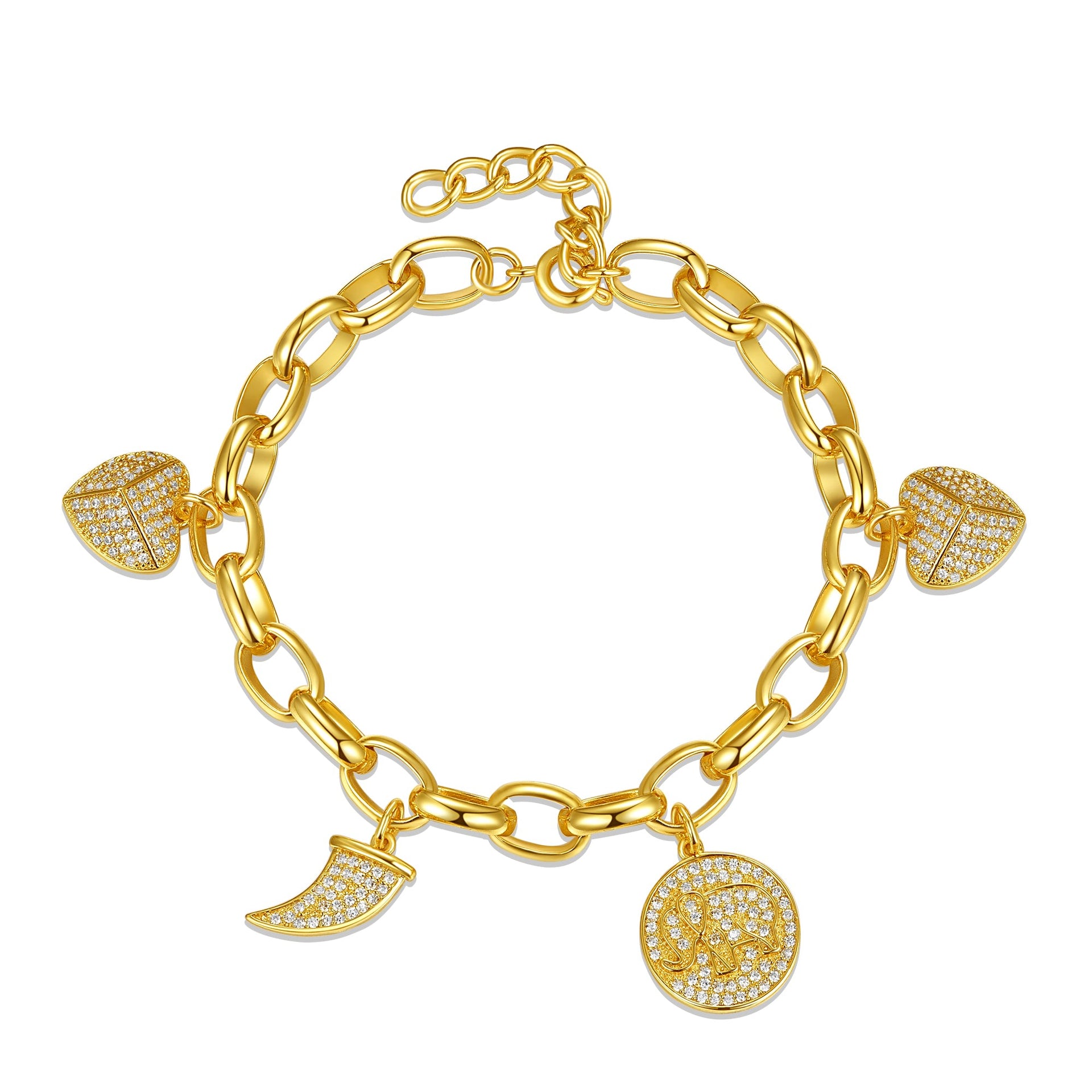 Rachel Glauber Yellow Gold Plated With Cubic Zirconia Tusk, Elephant & Heart Dangle Charm Adjustable Bracelet