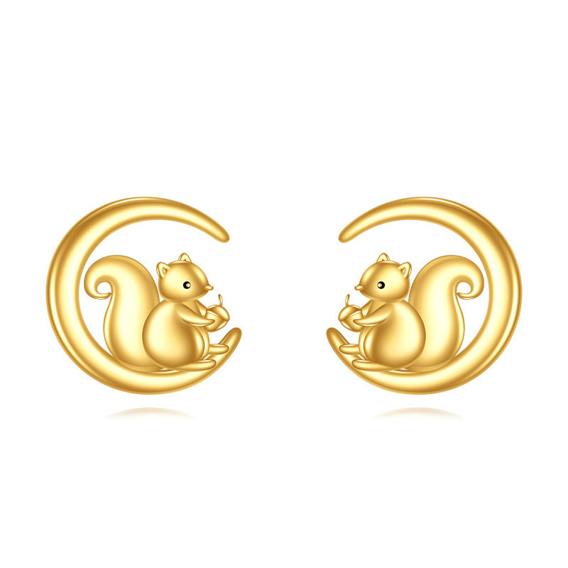 14K Yellow Gold Squirrel & Moon Stud Earrings