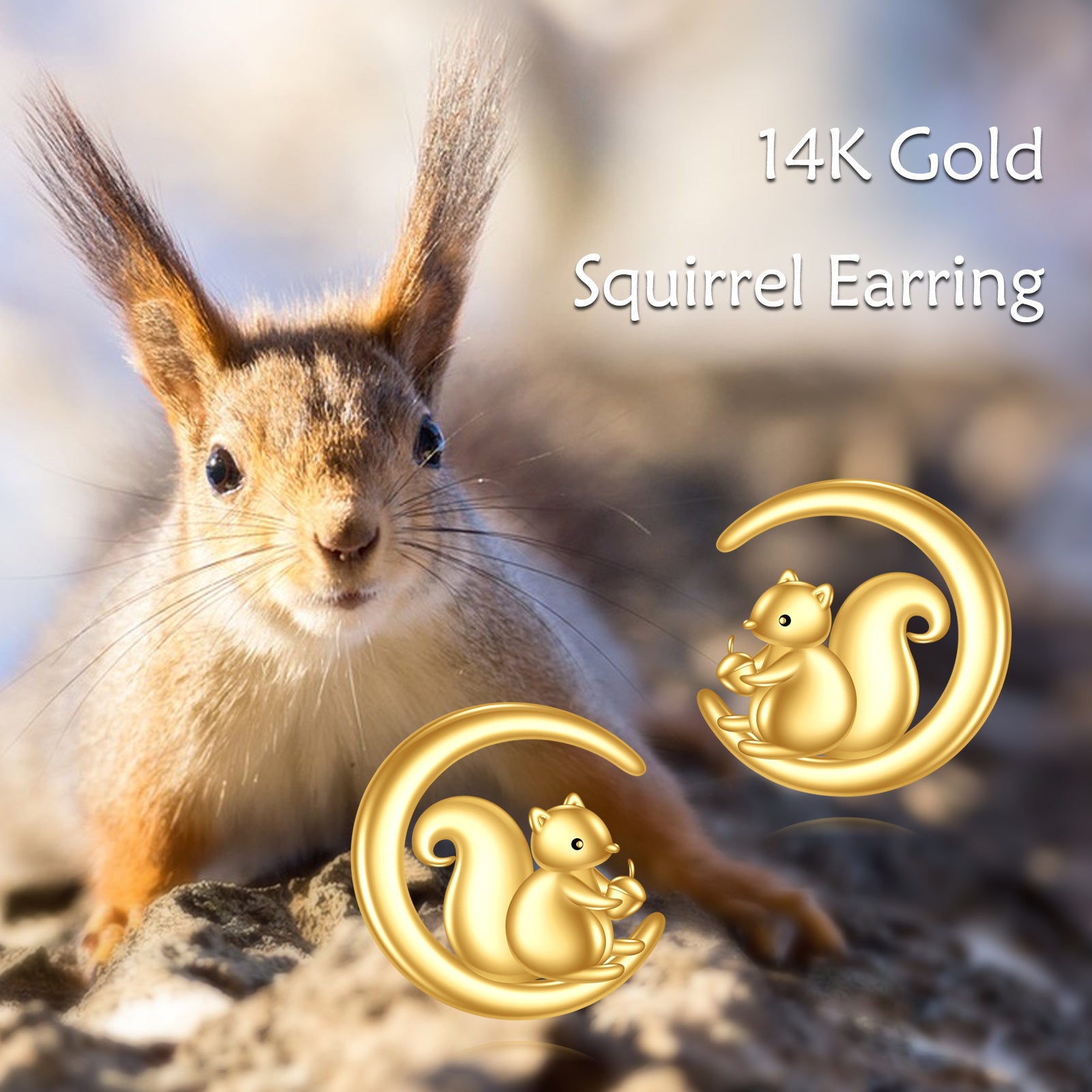 14K Yellow Gold Squirrel & Moon Stud Earrings