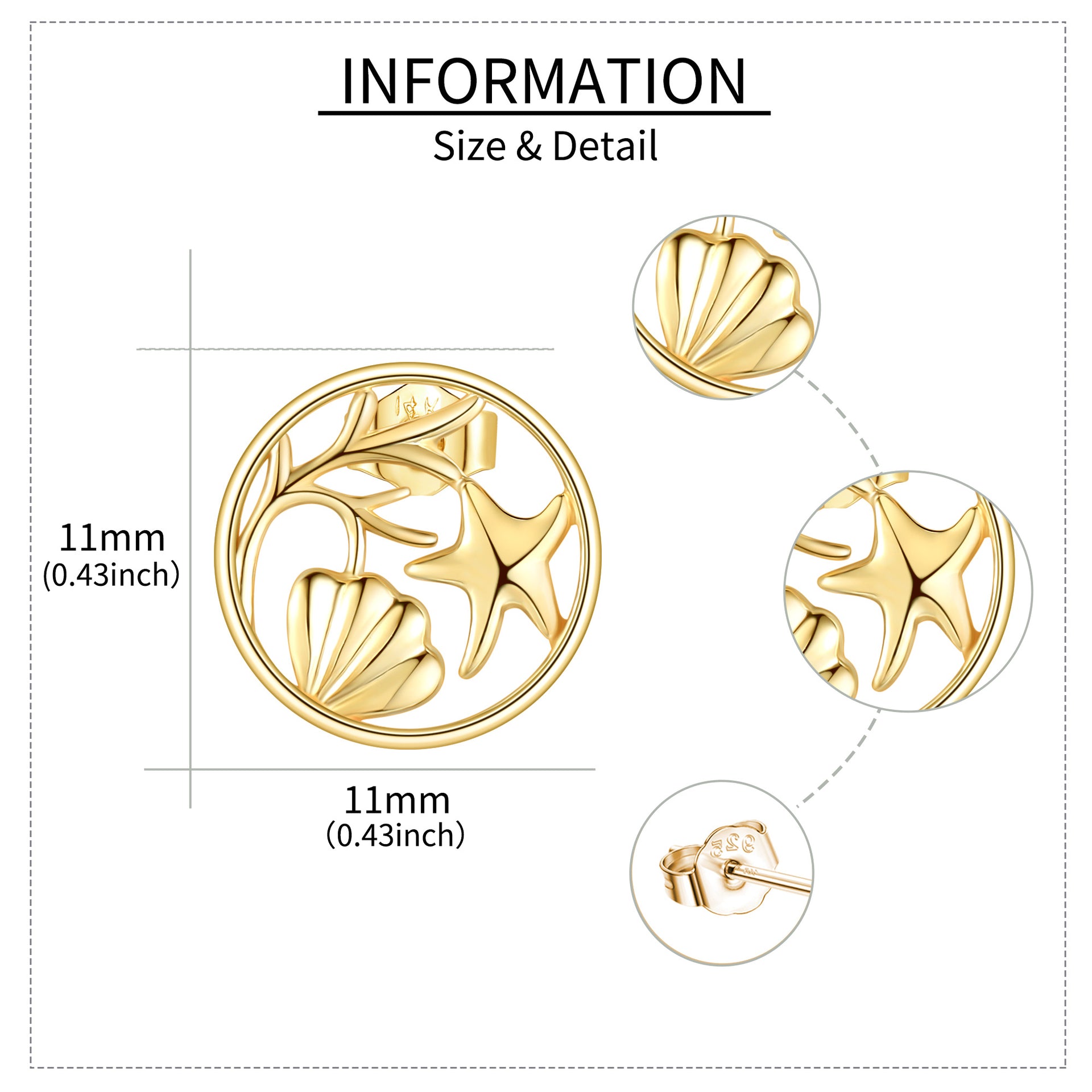 14K Yellow Gold Starfish & Shell Seaweed Stud Earrings