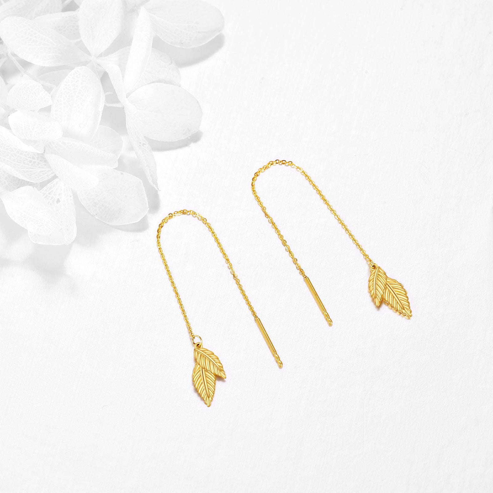 14K Yellow Gold Threader Pull Through Leaves Drop Earrings