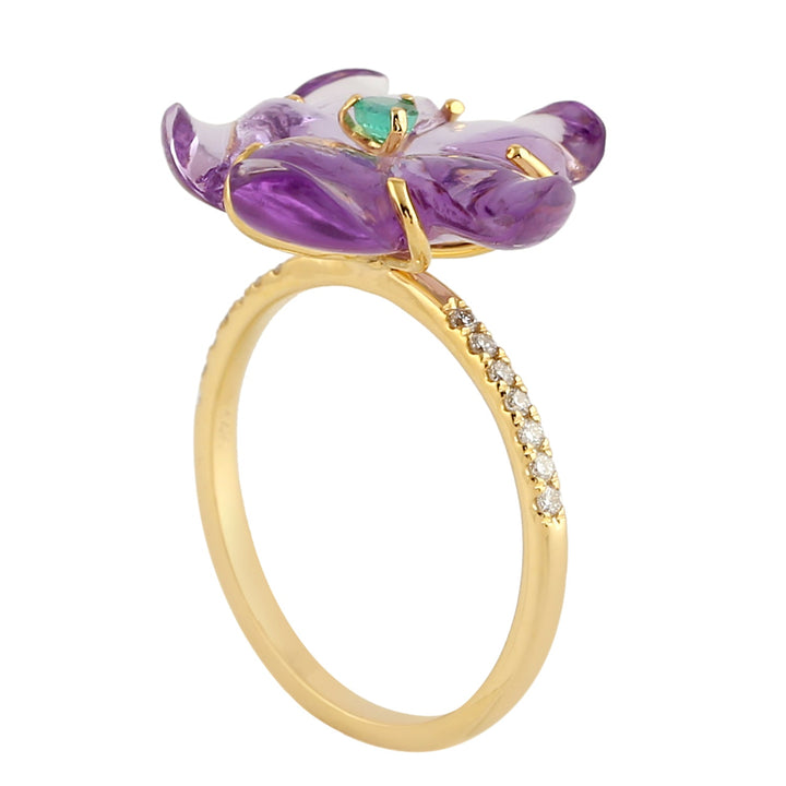14k Gold Flower Ring Emerald Diamond Mix Stone -  - Aureus Boutique