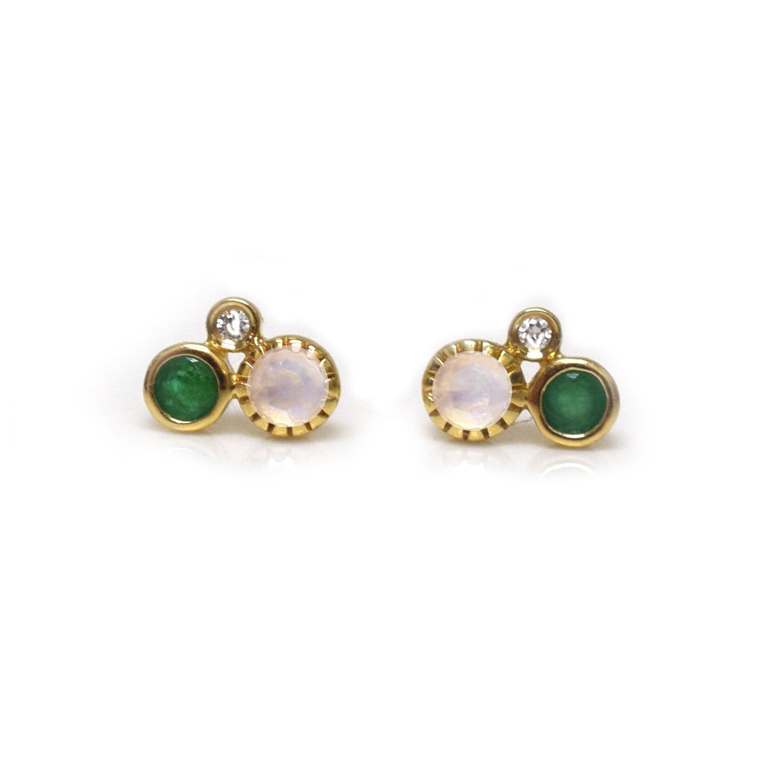 14Kt Gold Emerald, Rainbow Moonstone & Diamond Cluster Studs