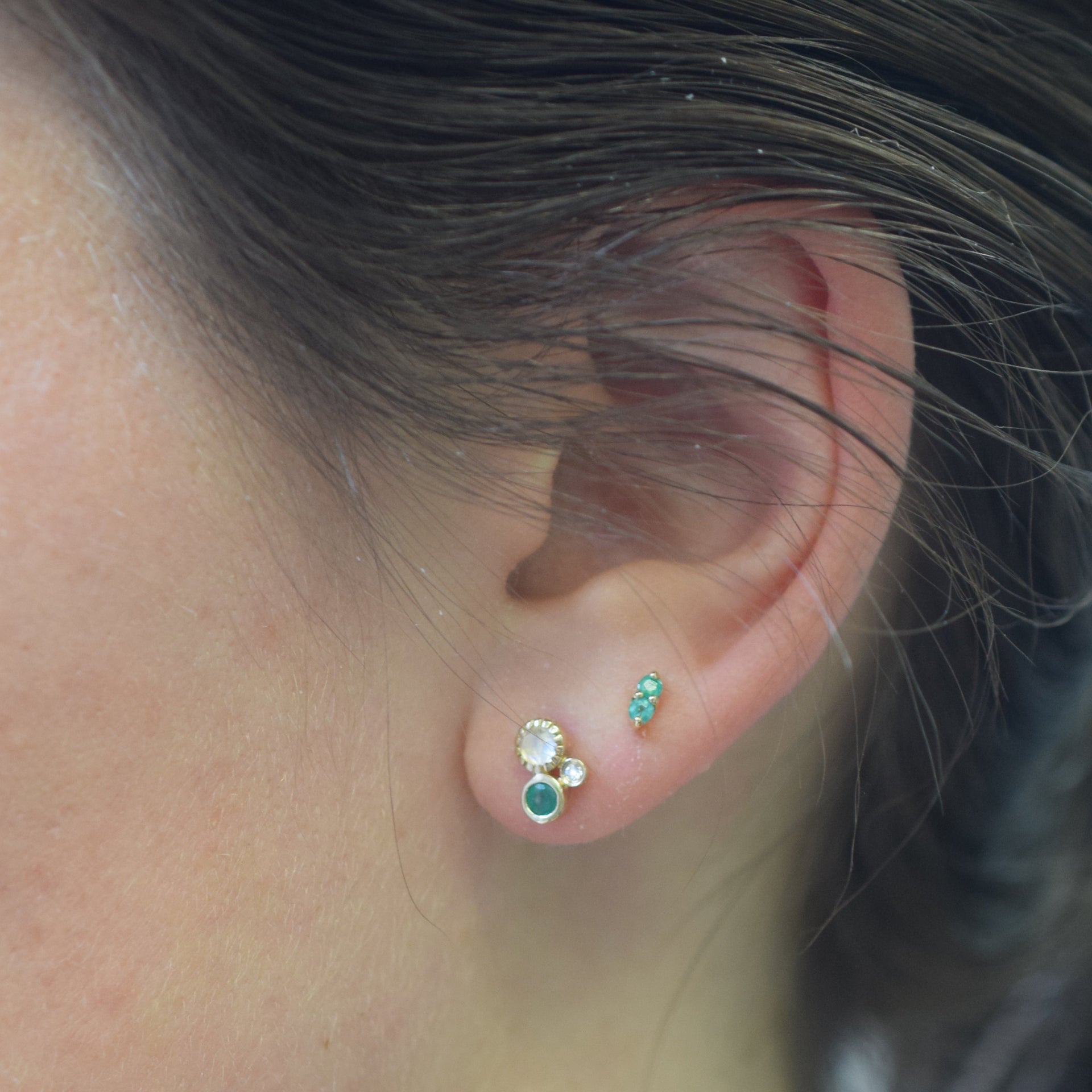 14Kt Gold Emerald, Rainbow Moonstone & Diamond Cluster Studs