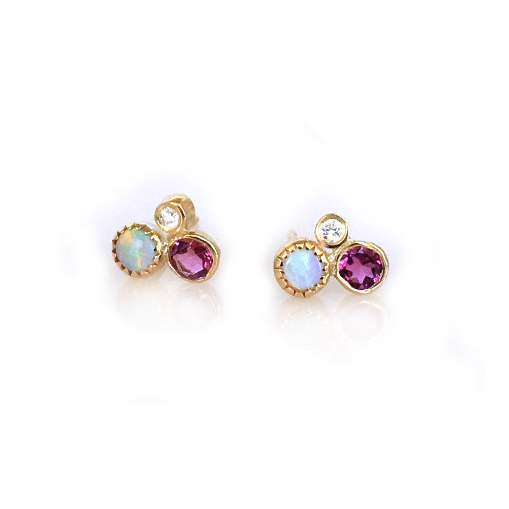 14Kt Gold Opal, Diamond & Pink Tourmaline Cluster Studs